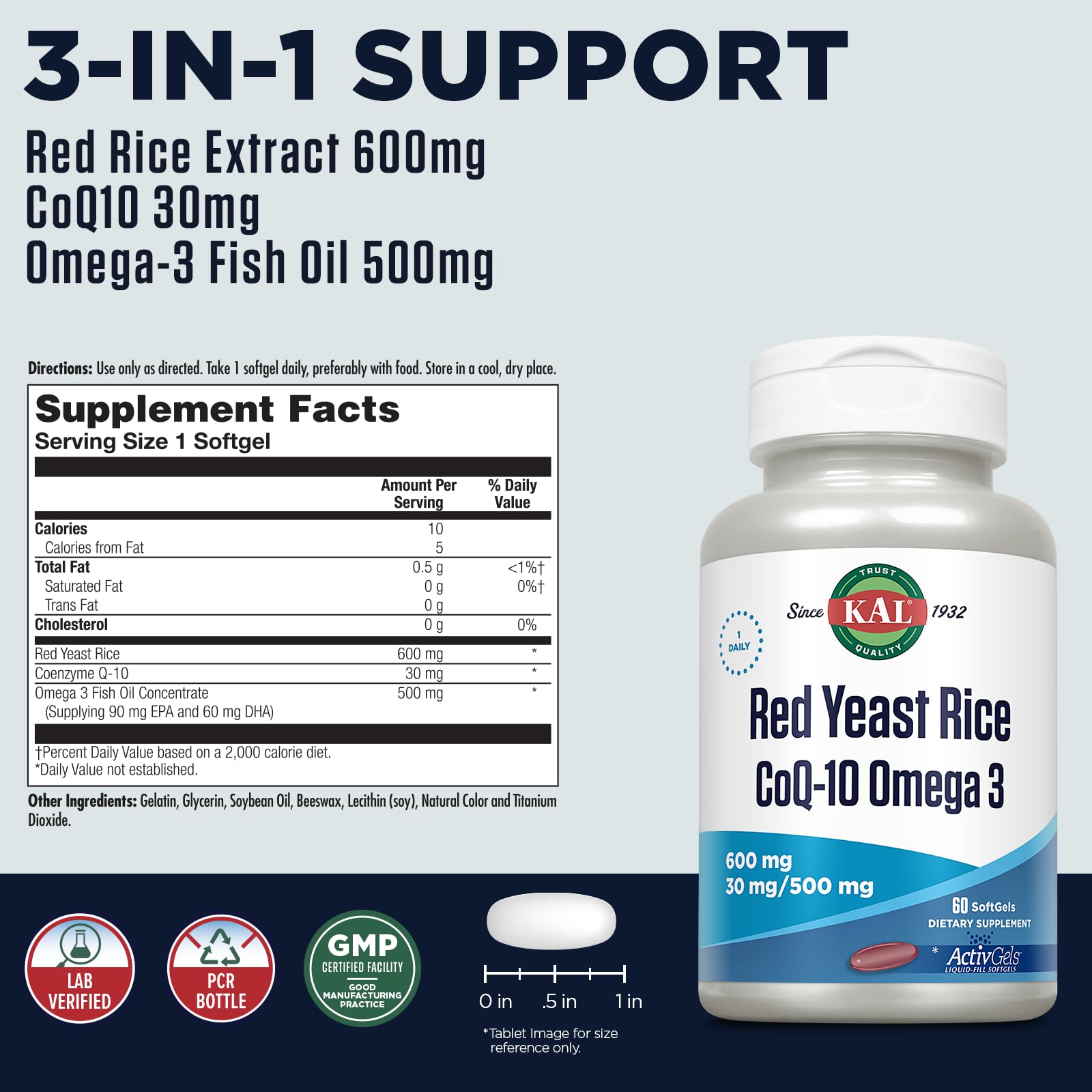 KAL Red Yeast Rice COQ10 Omega 3, 60 Count – Soft Gels