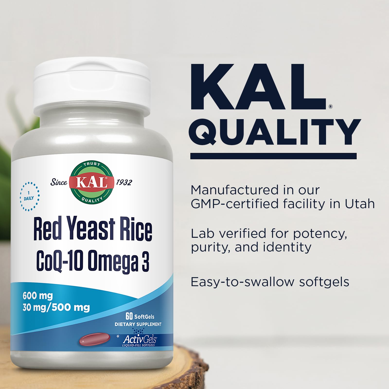 KAL Red Yeast Rice COQ10 Omega 3, 60 Count – Soft Gels