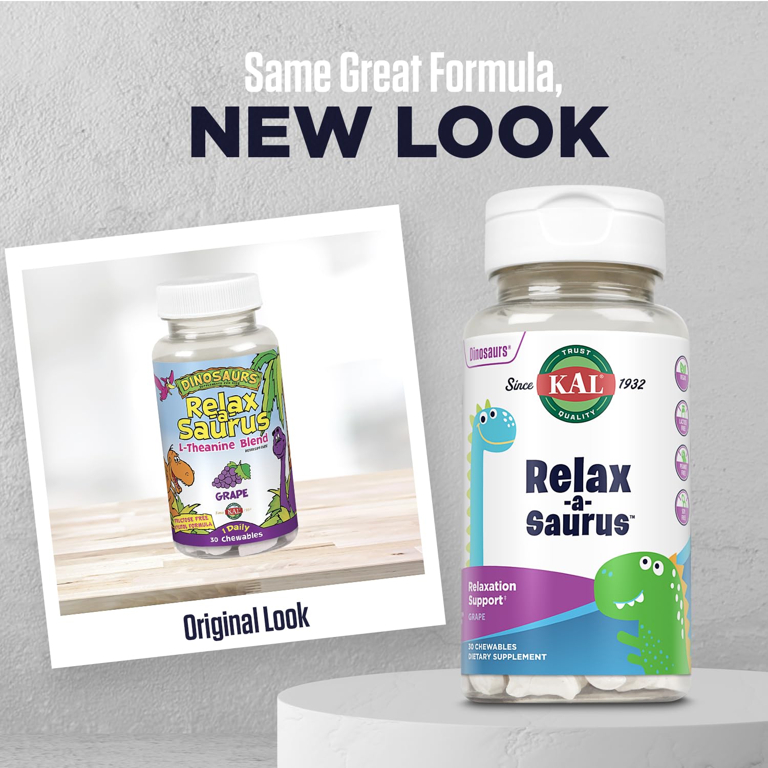 KAL Relax-a-Saurus: Stress Support for Kids – L-Theanine, Herbal Calm, Grape Flavor, 30 Chewables