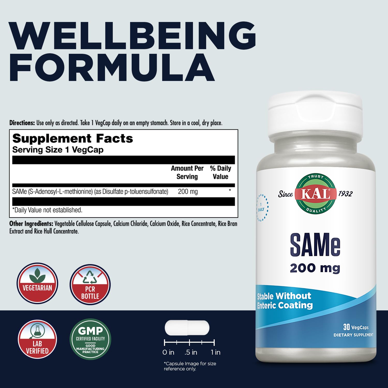 KAL SAMe 200 mg – Mood & Nervous System Support, Vegetarian Capsules