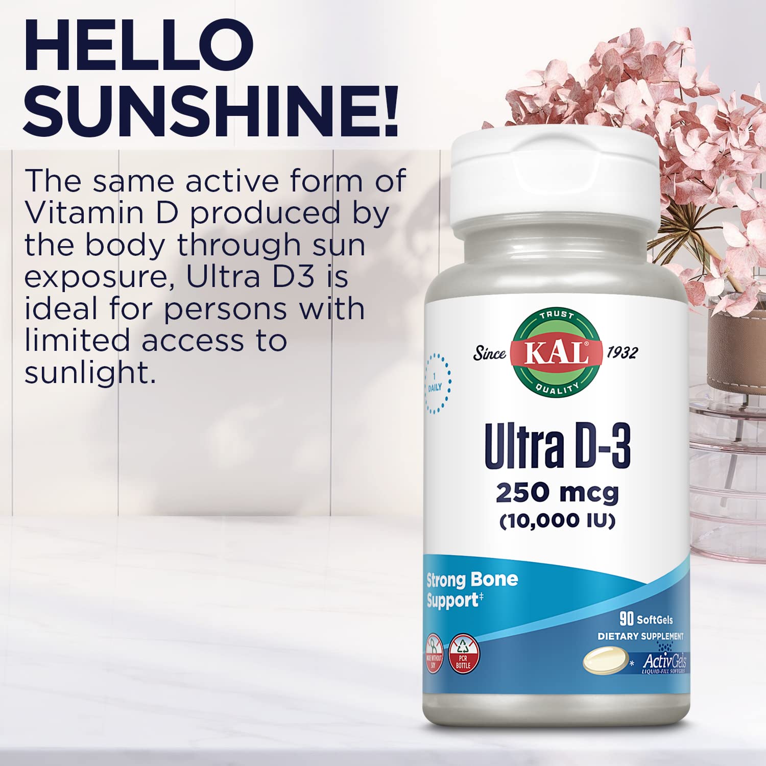 KAL Ultra Vitamin D3 10000 IU Softgels – High Potency, Bone Health & Immune Support (90 Softgels)