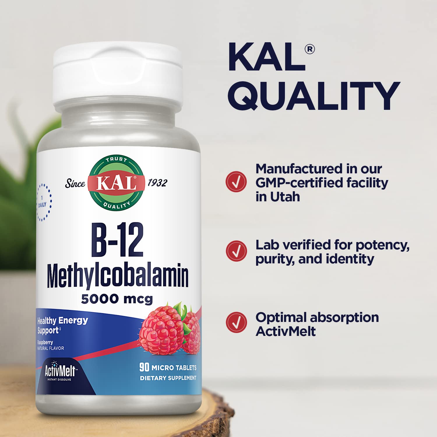 KAL Vitamin B12 Methylcobalamin 5000mcg | ActivMelt Fast-Dissolve, Raspberry Flavor, 90 Servings