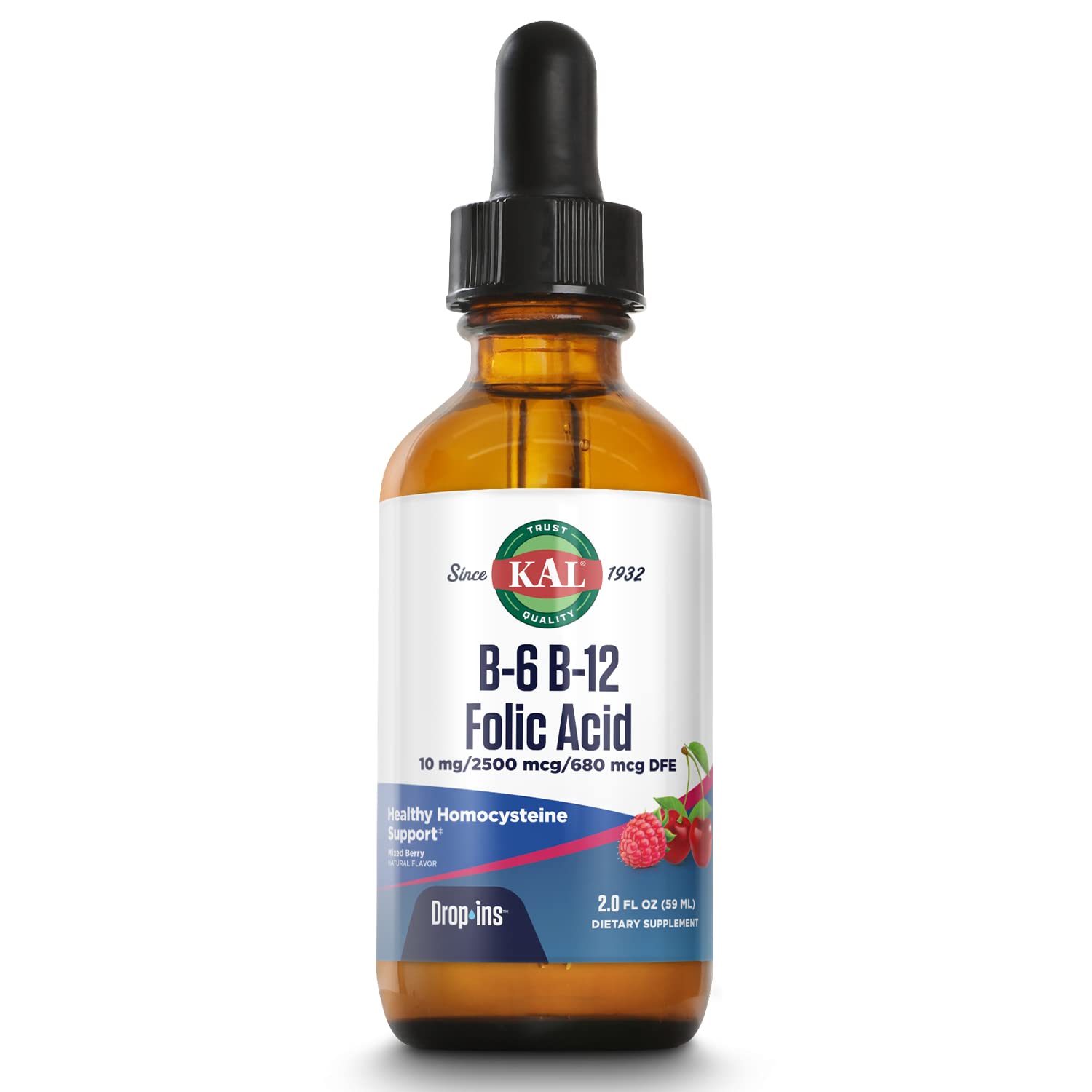 KAL Vitamin B-6 B-12 Folic DropIns – Berry Liquid B-Complex, 59 Servings, 2 oz