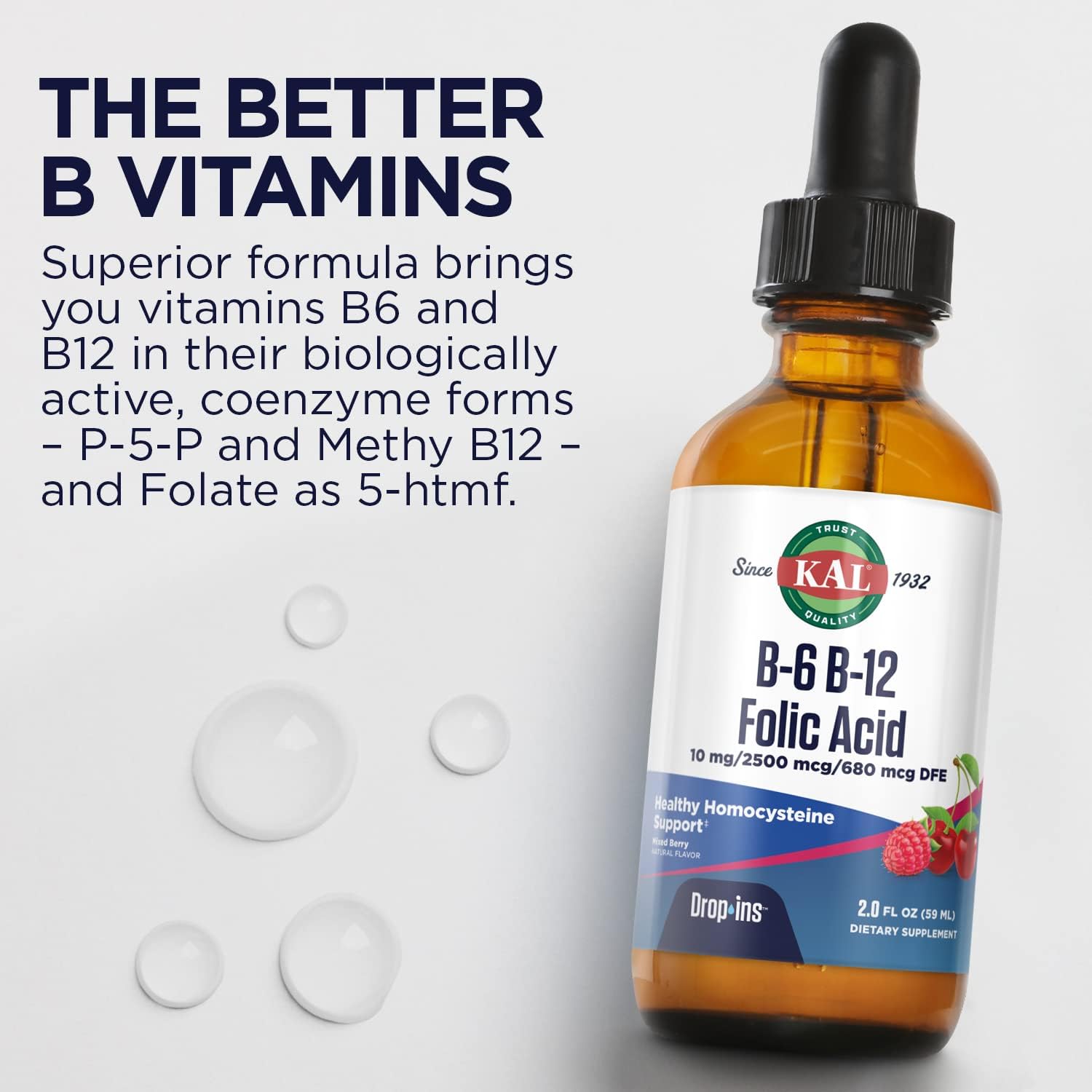 KAL Vitamin B-6 B-12 Folic DropIns – Berry Liquid B-Complex, 59 Servings, 2 oz