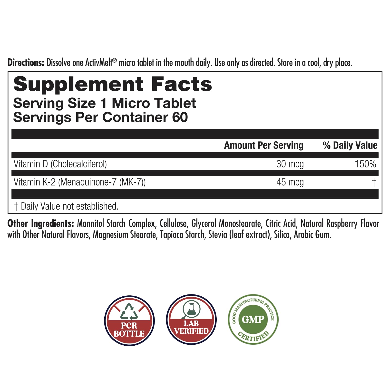 KAL Vitamin D3 K2 ActivMelts – Immune Support, Calcium Absorption, 60 Servings