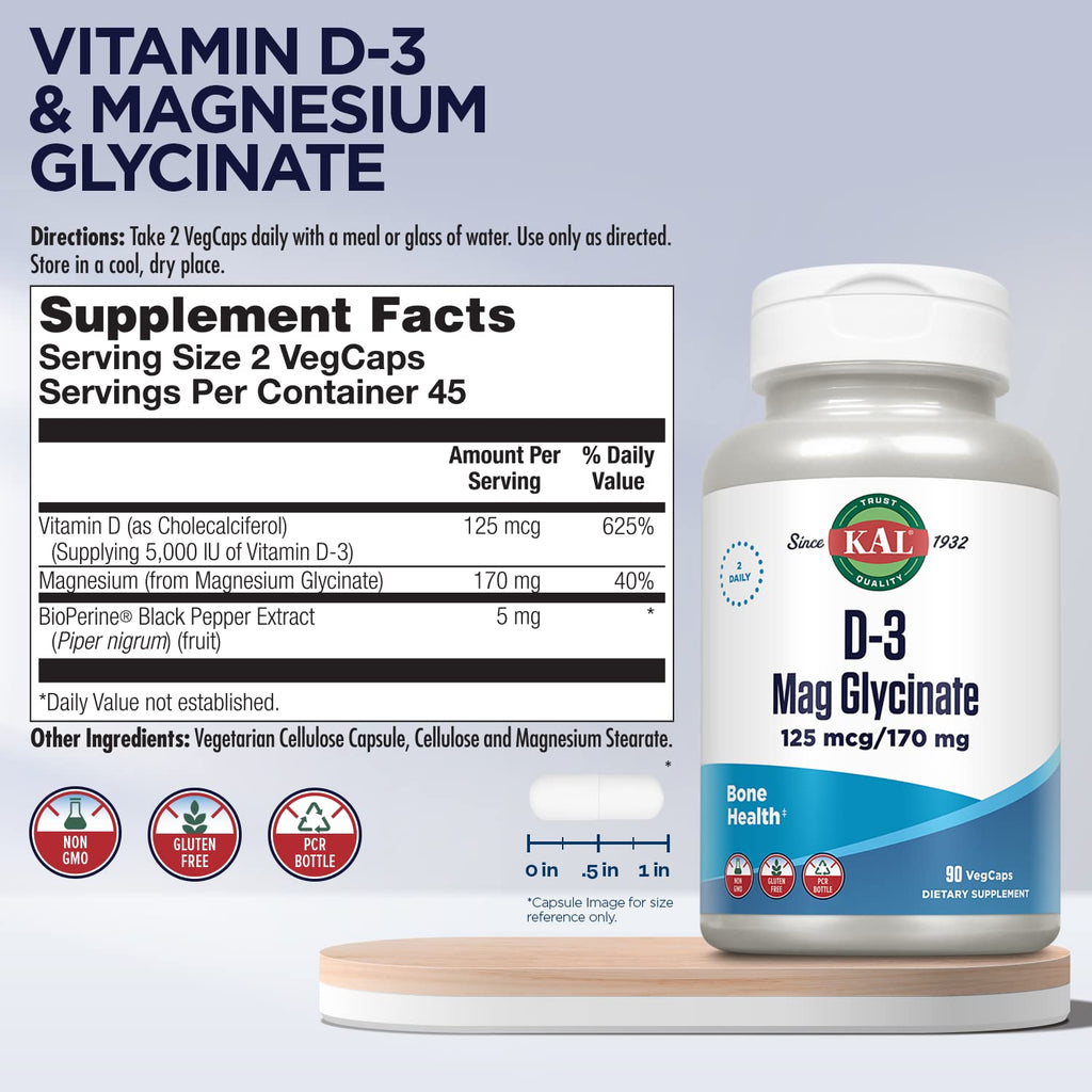 KAL Vitamin D3 & Magnesium Glycinate – Enhanced Absorption Formula with BioPerine for Bone, Muscle & Immune Support | Non-GMO, Gluten Free, 45 Servings, 90 VegCaps