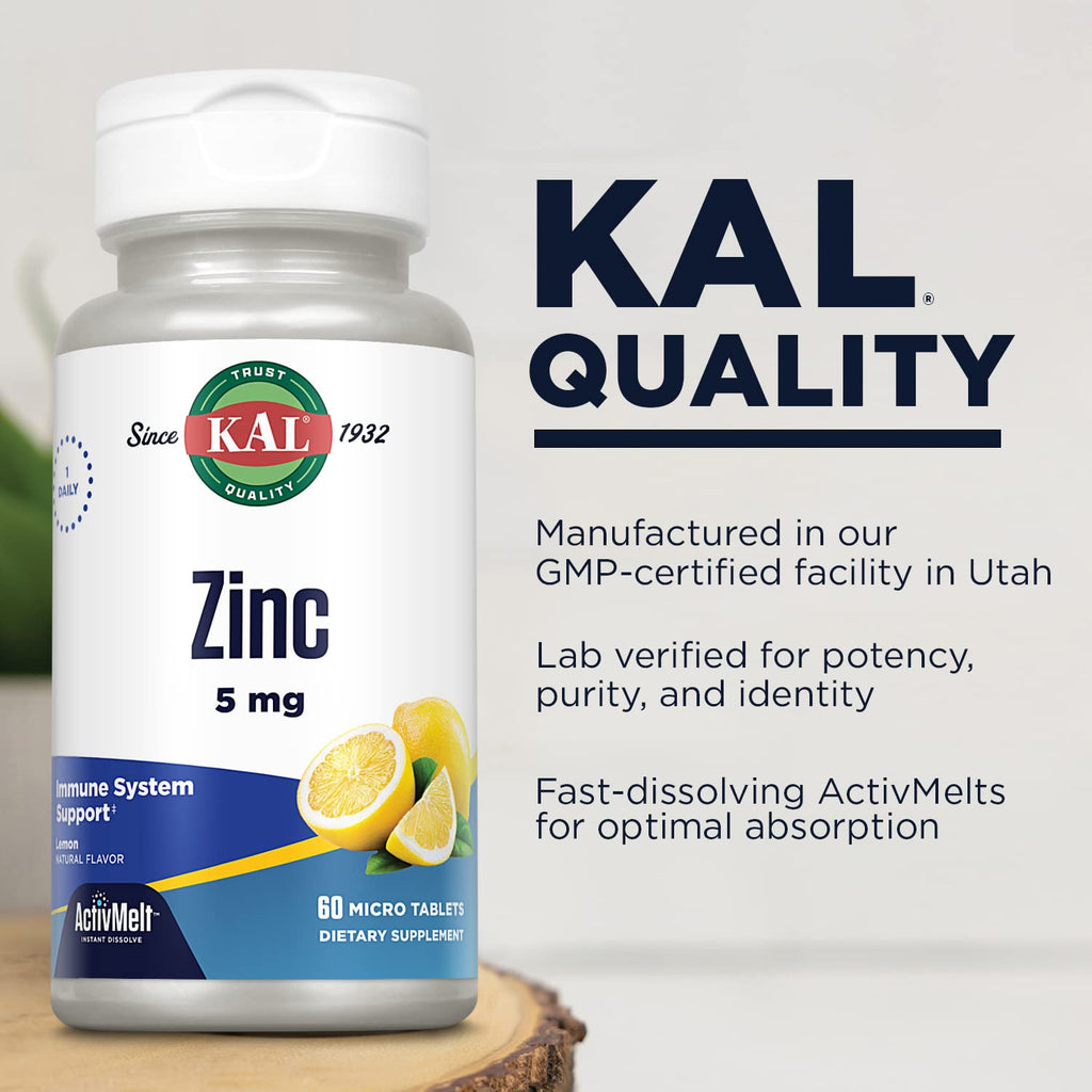 KAL Zinc 5mg ActivMelt – Immune Support Micro Tabs, Lemon Flavor, 60-Day Guarantee