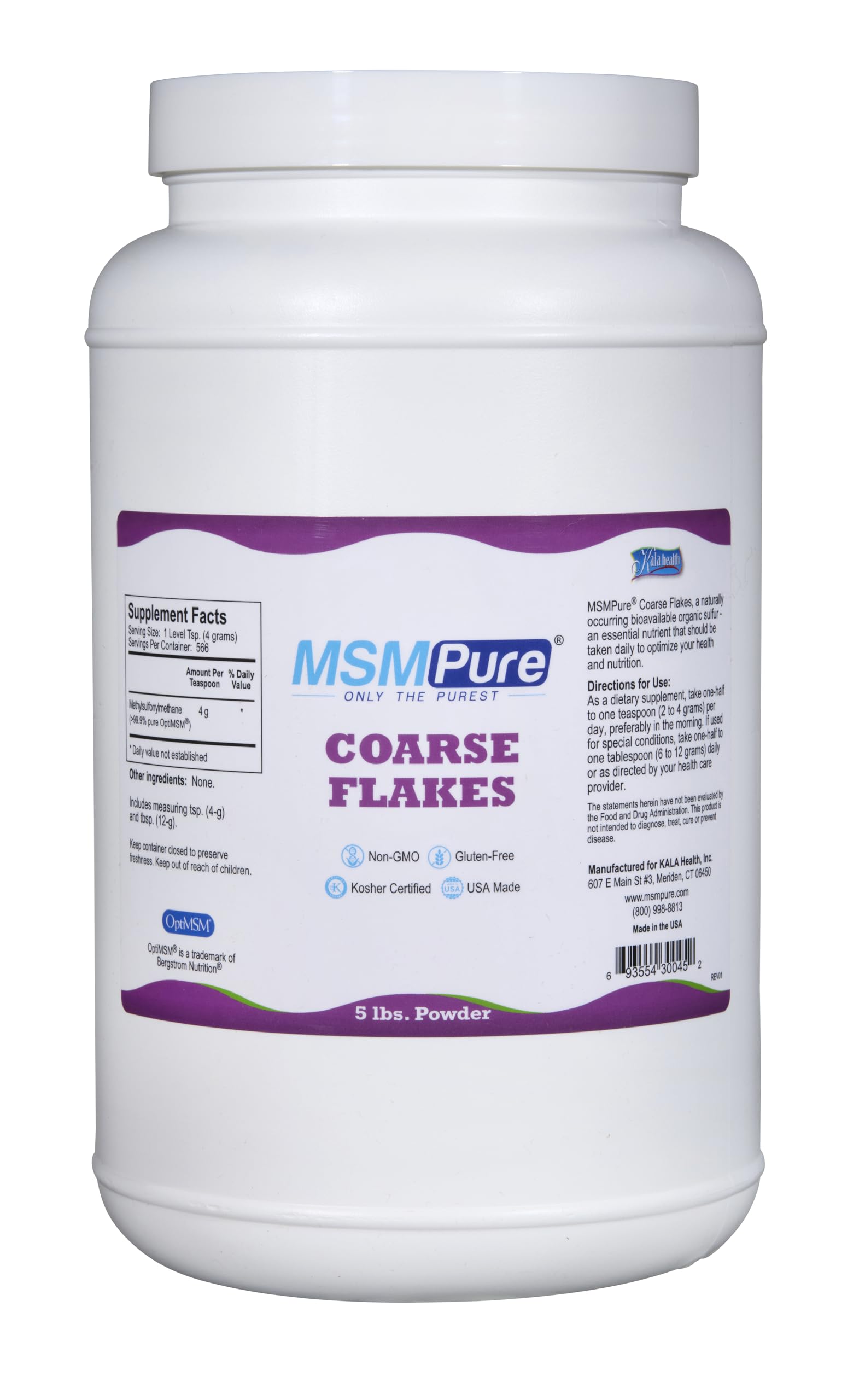 KALA HEALTH MSMPure Coarse MSM Powder Flakes – US-Made MSM for Joints, Skin, Hair & Nails – 5 lb