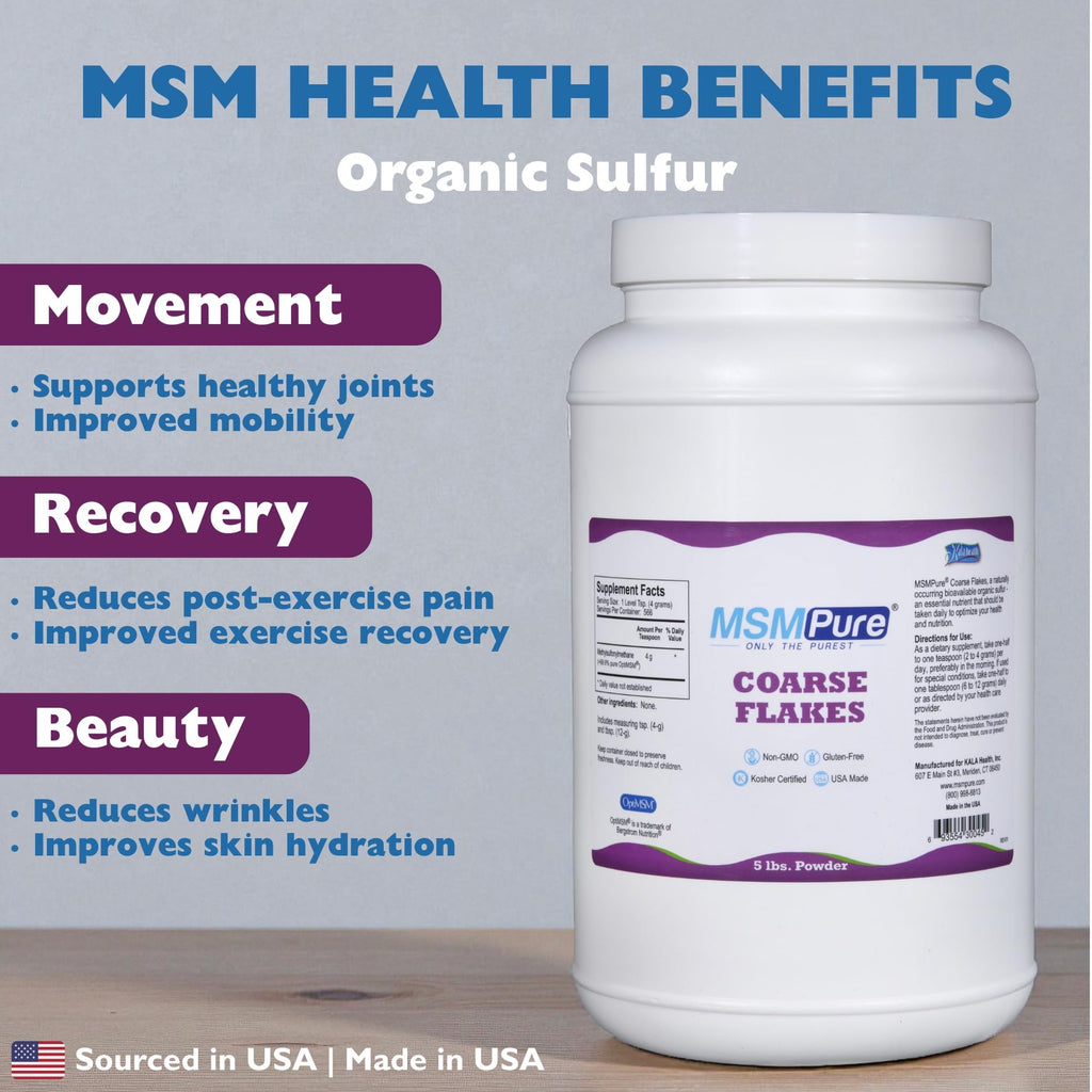 KALA HEALTH MSMPure Coarse MSM Powder Flakes – US-Made MSM for Joints, Skin, Hair & Nails – 5 lb