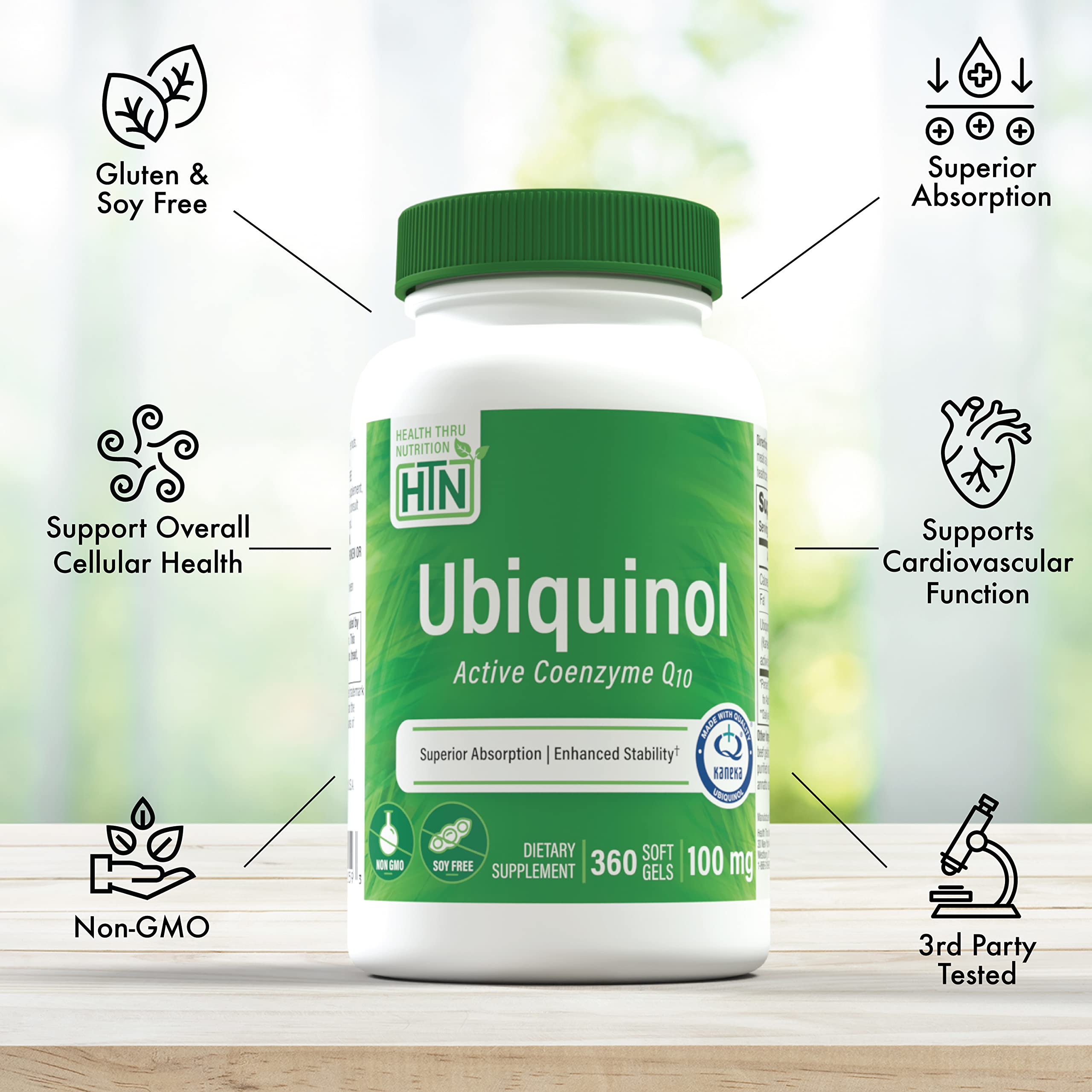Health Thru Nutrition Ubiquinol 100mg 360 Softgels – Kaneka QH Reduced CoQ-10 | Enhanced Bioavailability | Non-GMO