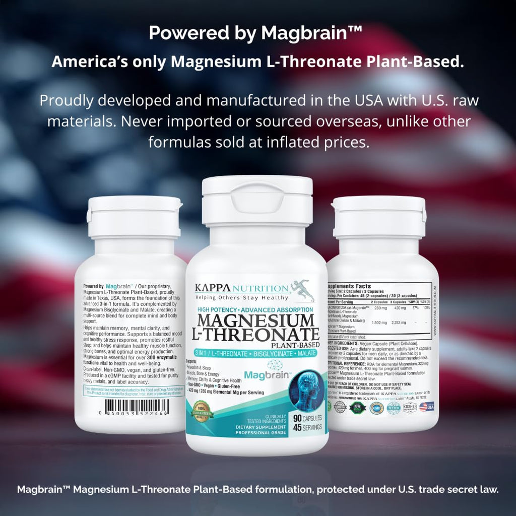 Kappa Nutrition Magbrain Magnesium L-Threonate – 420 mg Elemental Magnesium (3-Capsule Serving) | Plant-Based, 90 Vegan Capsules, Brain & Sleep Support