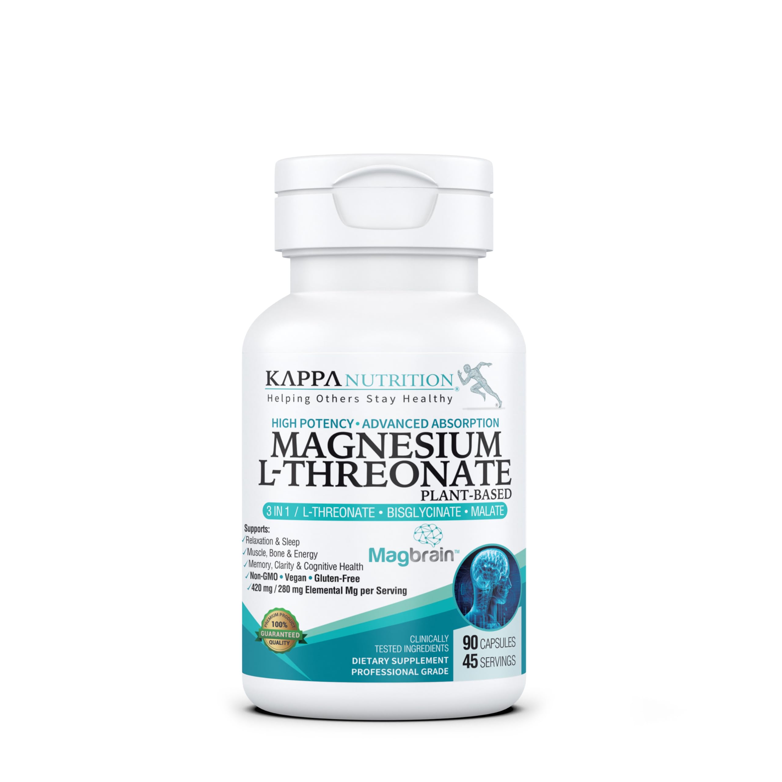 Kappa Nutrition Magbrain Magnesium L-Threonate – 420 mg Elemental Magnesium (3-Capsule Serving) | Plant-Based, 90 Vegan Capsules, Brain & Sleep Support