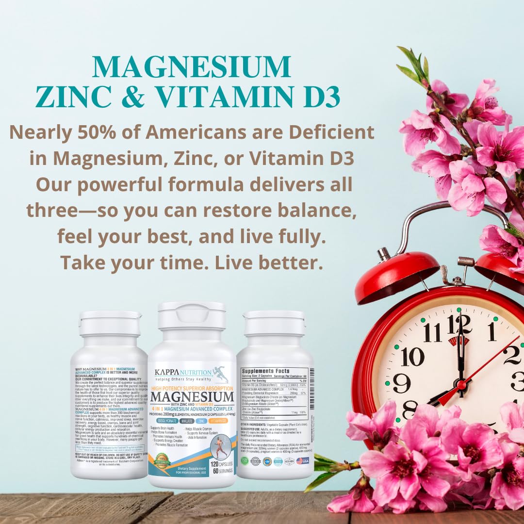 Kappa Nutrition Magnesium 4-in-1 (280 mg) with Zinc & Vitamin D3 | 120 Vegan Capsules