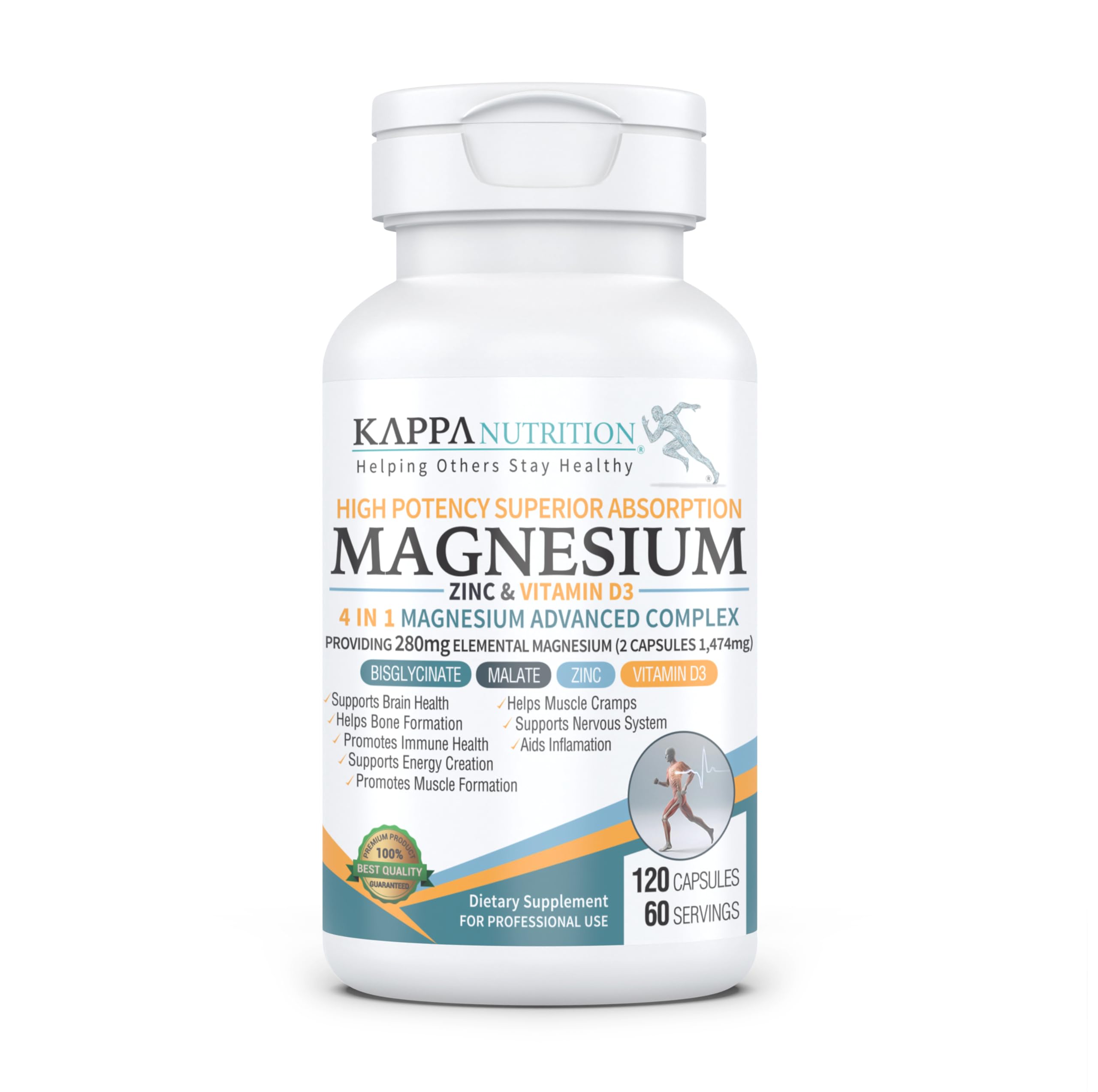 Kappa Nutrition Magnesium 4-in-1 (280 mg) with Zinc & Vitamin D3 | 120 Vegan Capsules