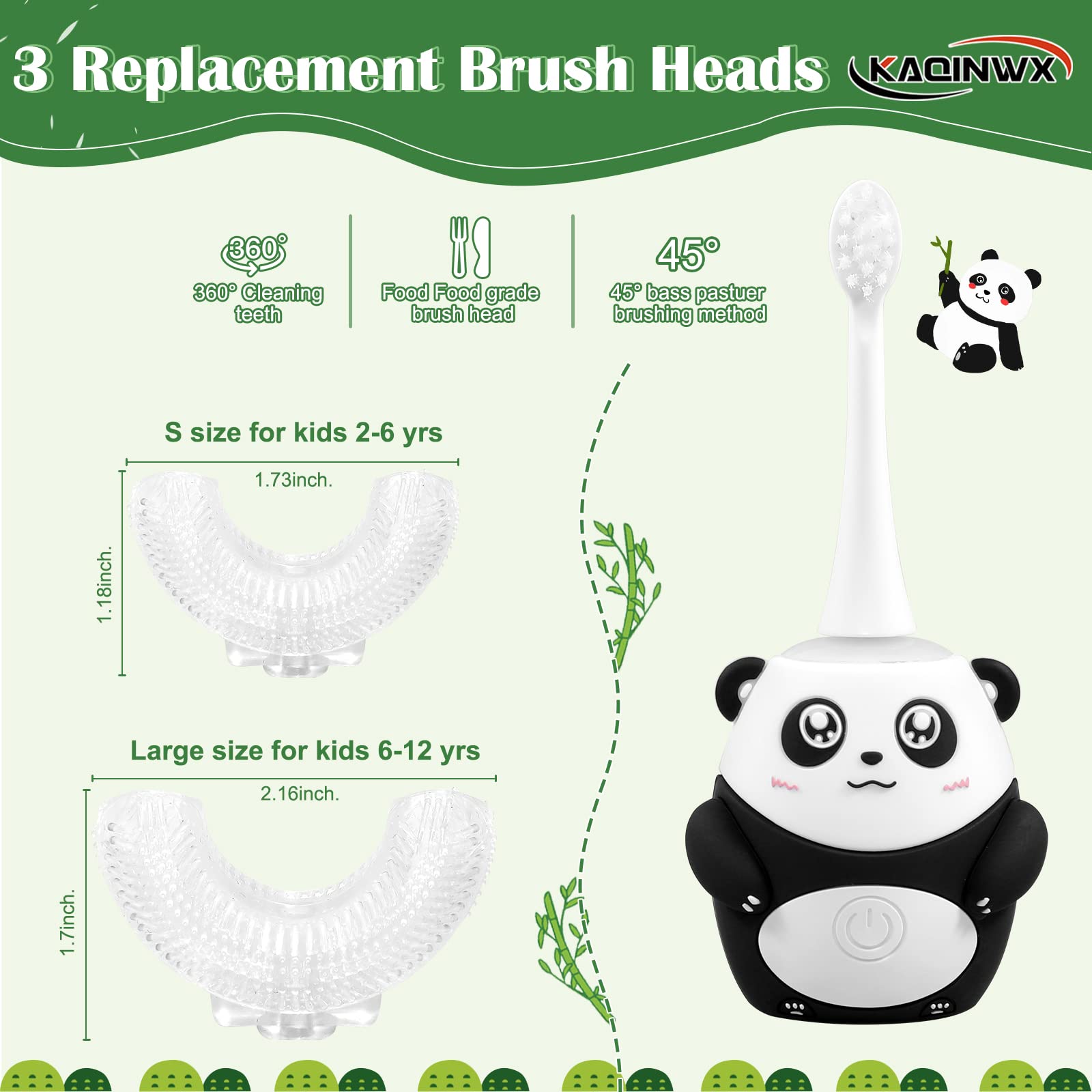 KAQINWX Kids U Shaped Electric Toothbrush – Panda Design, 3 Modes, 60s Timer, IPX7 Waterproof, Ages 2-12