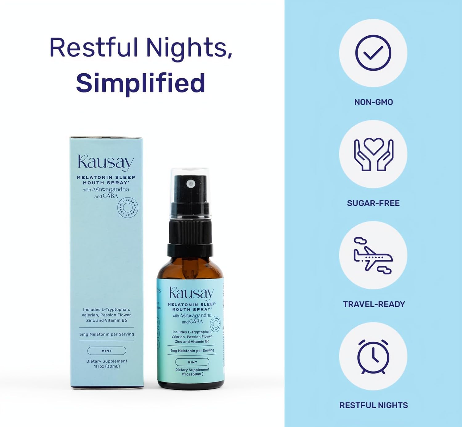 Kausay Sleep Mouth Spray – 3 mg Melatonin, Botanicals, Sugar-Free | 30 ml Travel Size