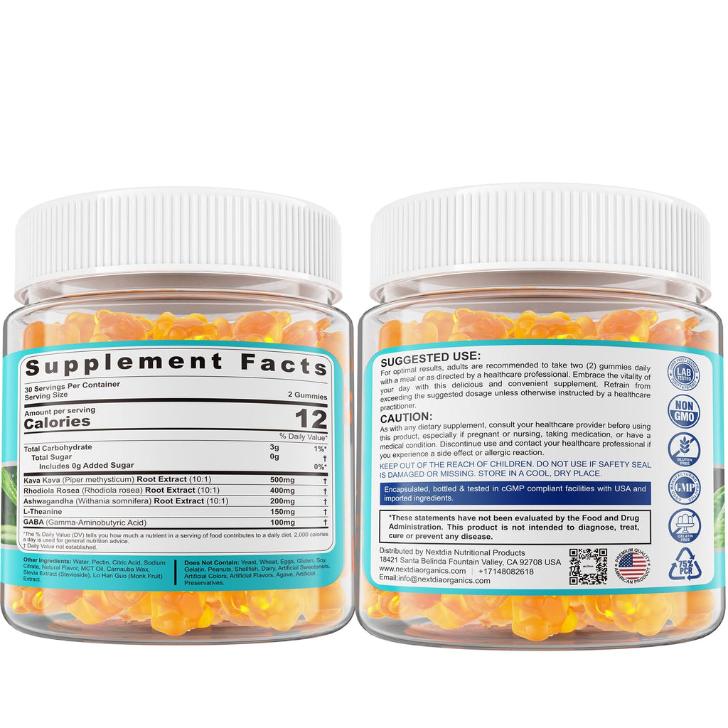 Kava Kava Gummies – Sugar-Free Calm Gummies with Rhodiola, Ashwagandha, L-Theanine, GABA | Vegan 60 Count