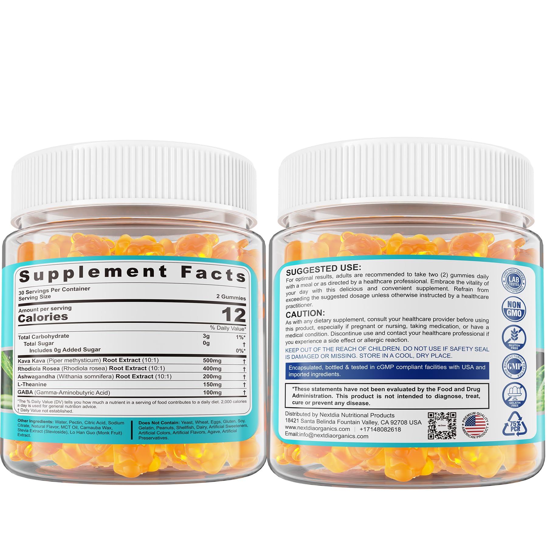 Kava Kava Gummies – Sugar-Free Calm Gummies with Rhodiola, Ashwagandha, L-Theanine, GABA | Vegan 60 Count