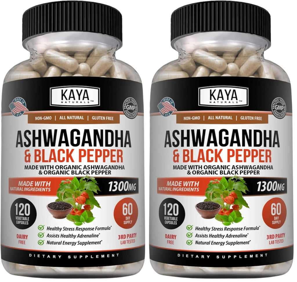 Kaya Naturals Ashwagandha 1300mg – Stress & Adrenal Support (Pack of 2, 240 Capsules)