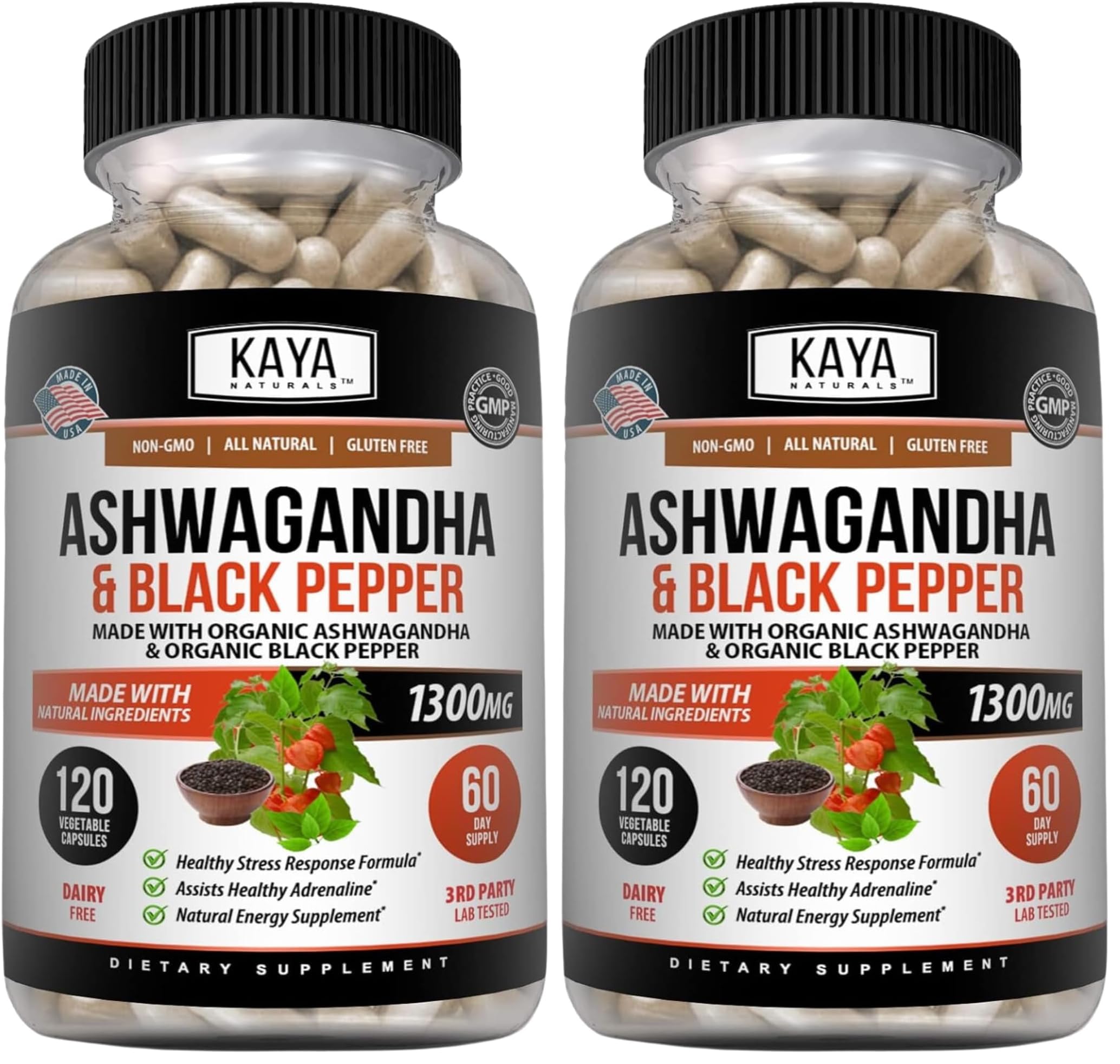 Kaya Naturals Ashwagandha 1300mg – Stress & Adrenal Support (Pack of 2, 240 Capsules)
