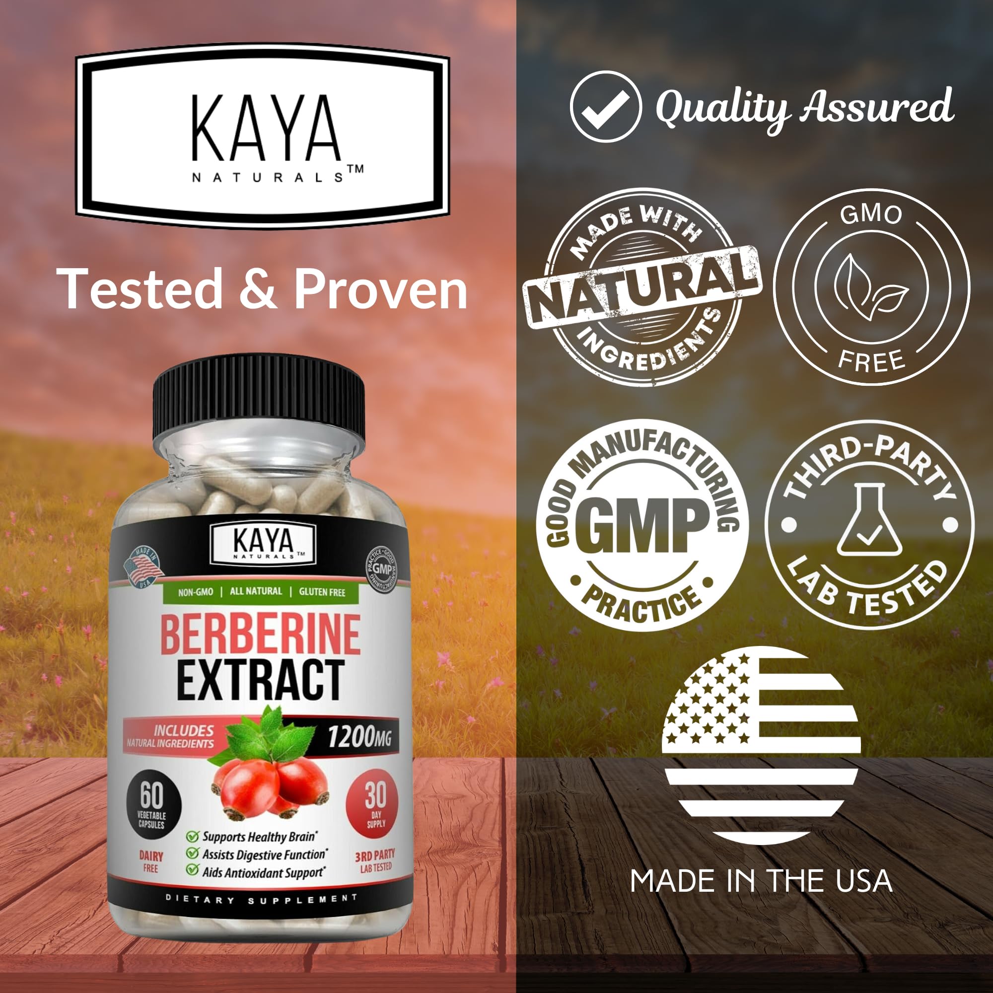 Kaya Naturals Berberine HCL 1200mg – Immune & Gut Health | Vegetarian, Non-GMO, Gluten-Free | 60 Count (Pack of 2)