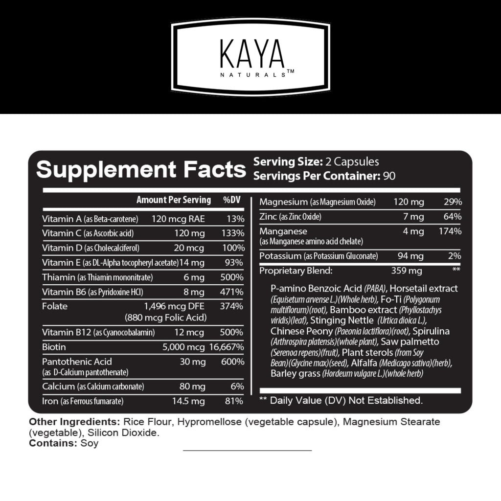 Kaya Naturals Hair Skin Nails Capsules – Biotin, Vitamin D & B-12 (180 Count)