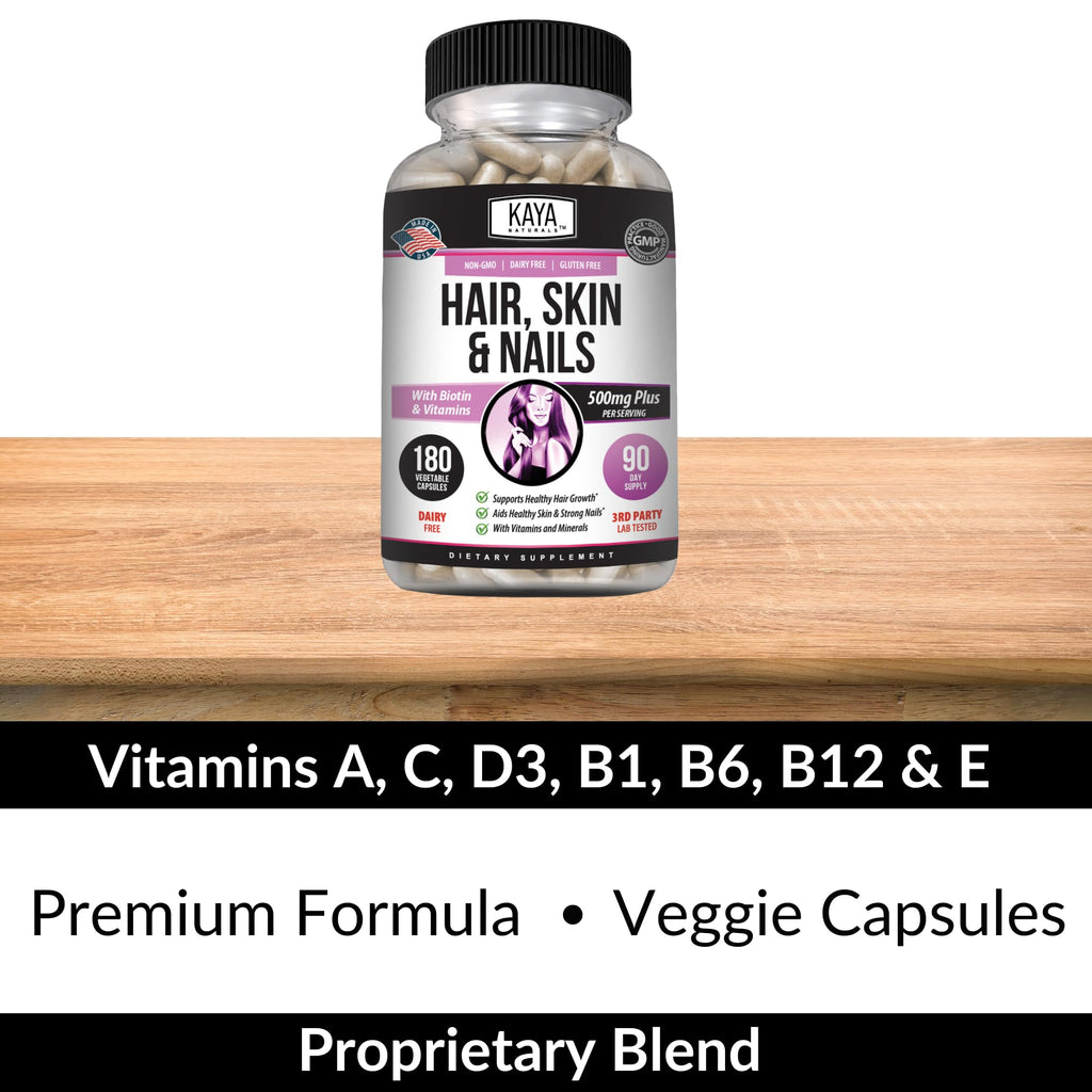 Kaya Naturals Hair Skin Nails Capsules – Biotin, Vitamin D & B-12 (180 Count)