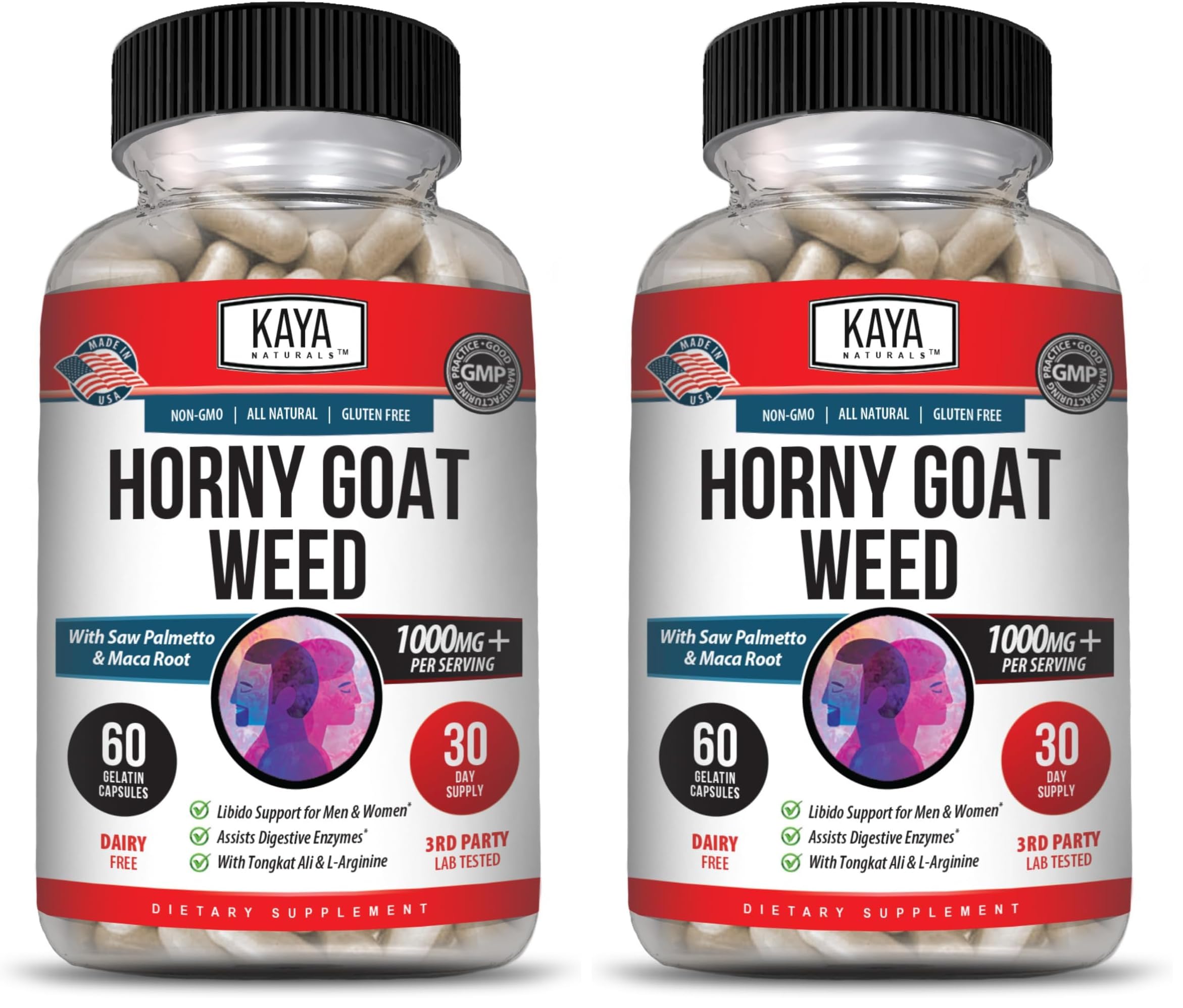 Kaya Naturals Horny Goat Weed Extract with Maca - Saw Palmetto, Ginseng, Arginine - 60 Count (Pack of 2)