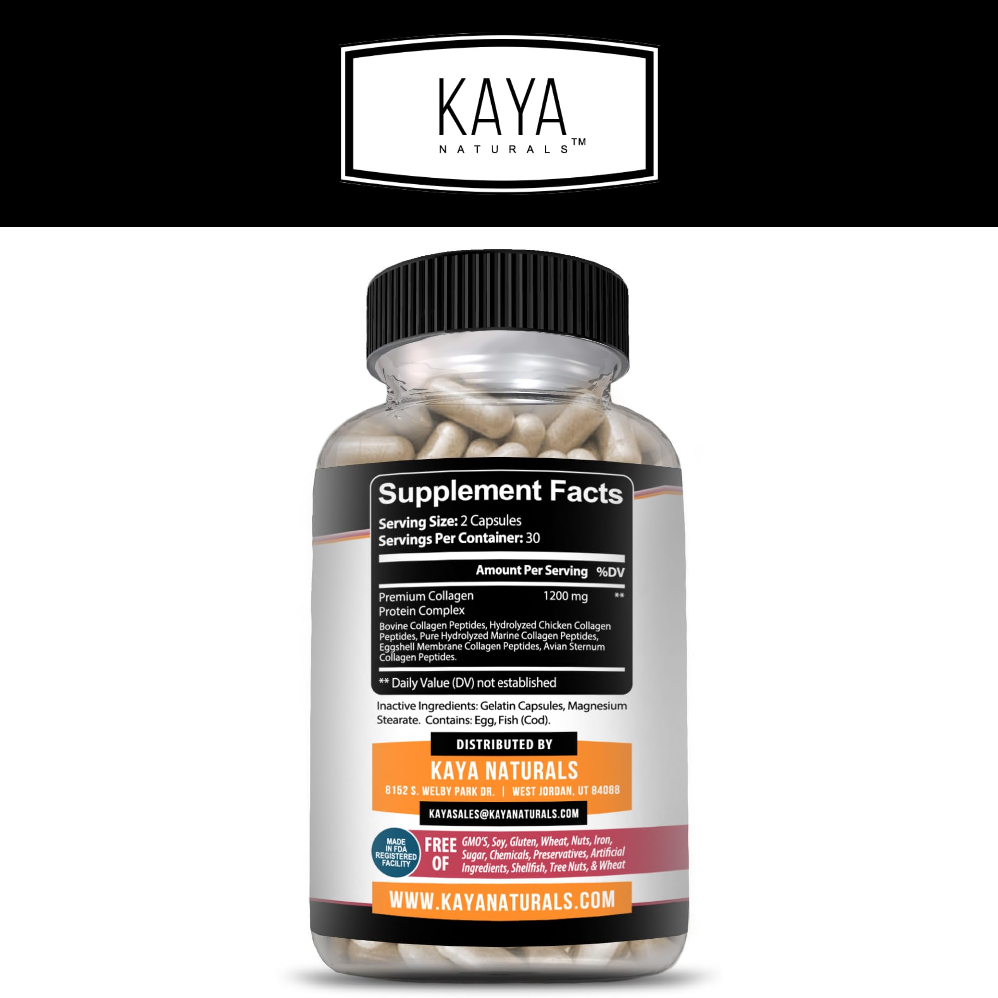 Kaya Naturals Multi Collagen Peptides Complex – Types I, II, III, V & X | 60 Count Capsules (Pack of 2)