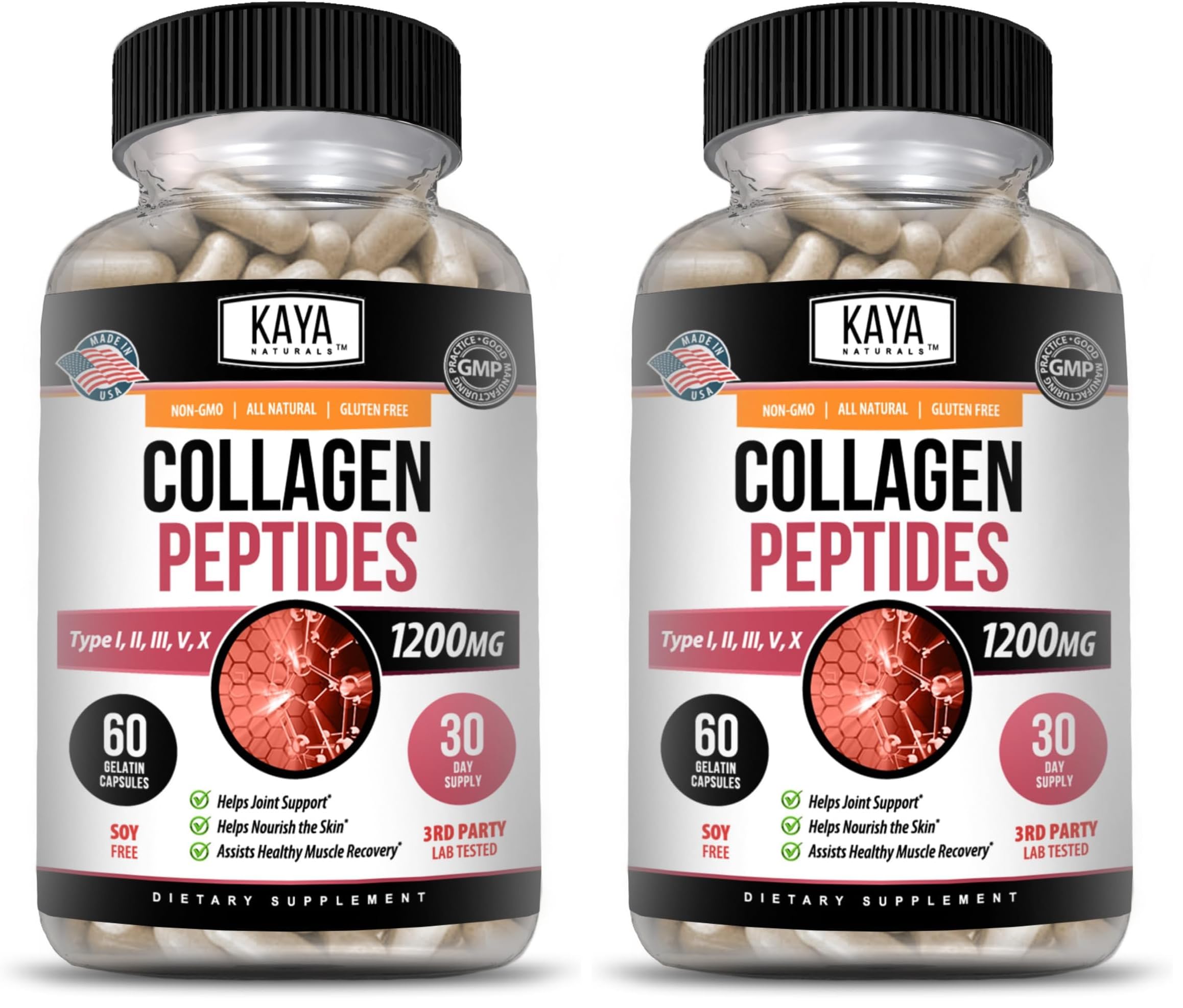 Kaya Naturals Multi Collagen Peptides Complex – Types I, II, III, V & X | 60 Count Capsules (Pack of 2)