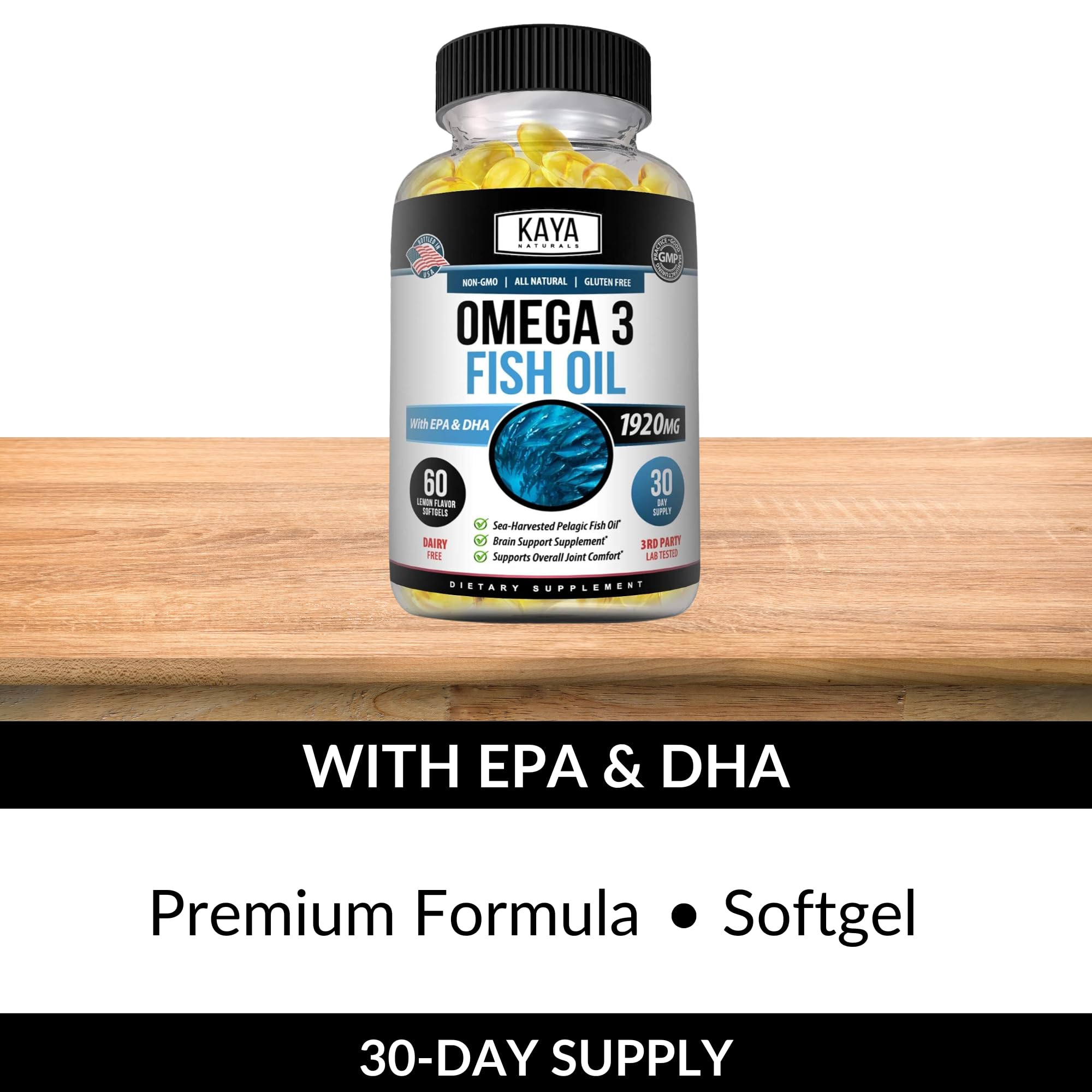 Kaya Naturals Omega-3 Supplement | 60 Softgels | Pure Sea-Harvested Pelagic Fish Oil | No Fishy Aftertaste