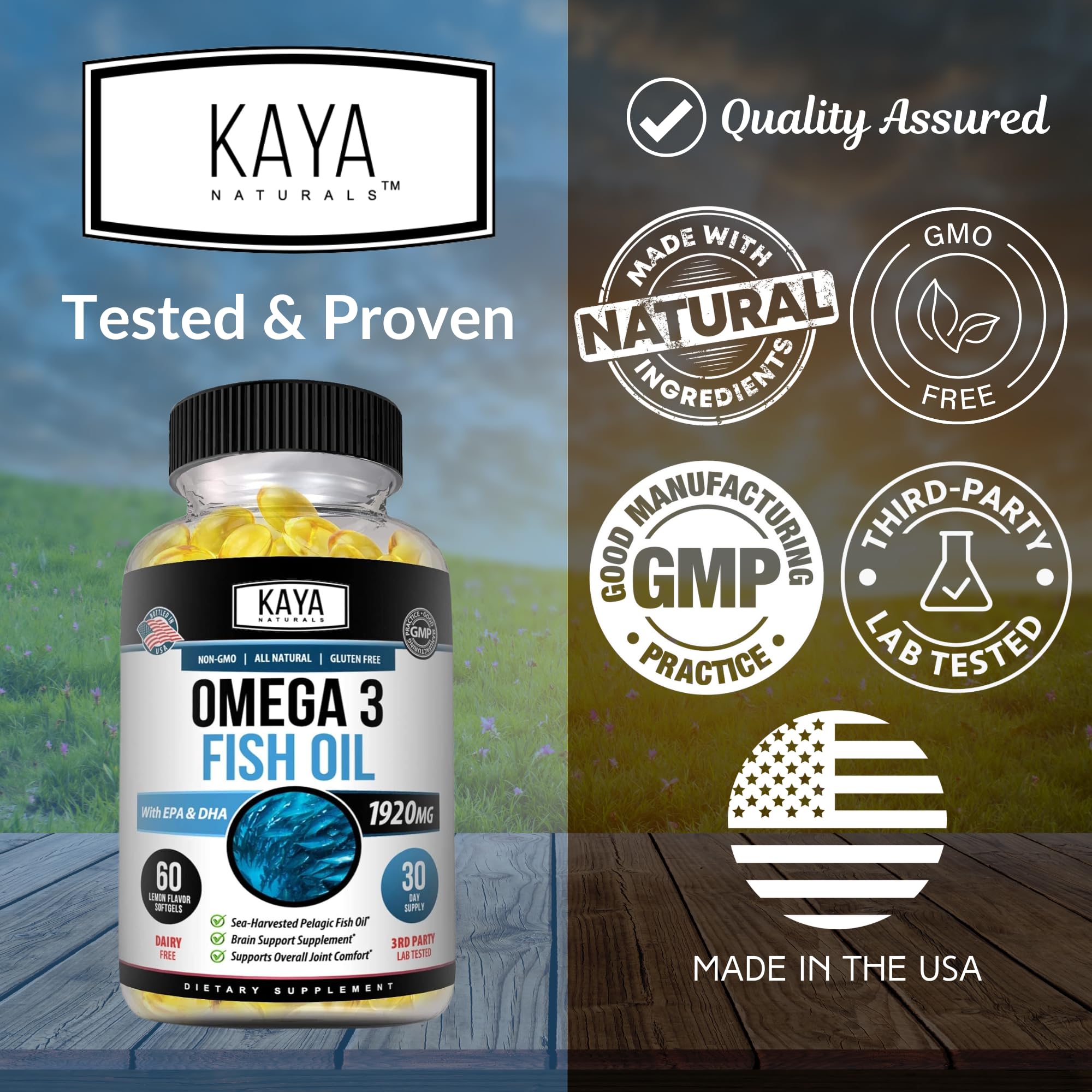 Kaya Naturals Omega-3 Supplement | 60 Softgels | Pure Sea-Harvested Pelagic Fish Oil | No Fishy Aftertaste