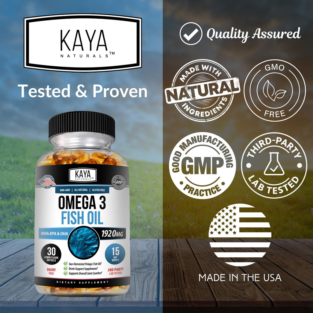 Kaya Naturals Omega-3 Fish Oil Supplement | 100% Pure Sea-Harvested Pelagic | No Fishy Aftertaste | 30 Softgels