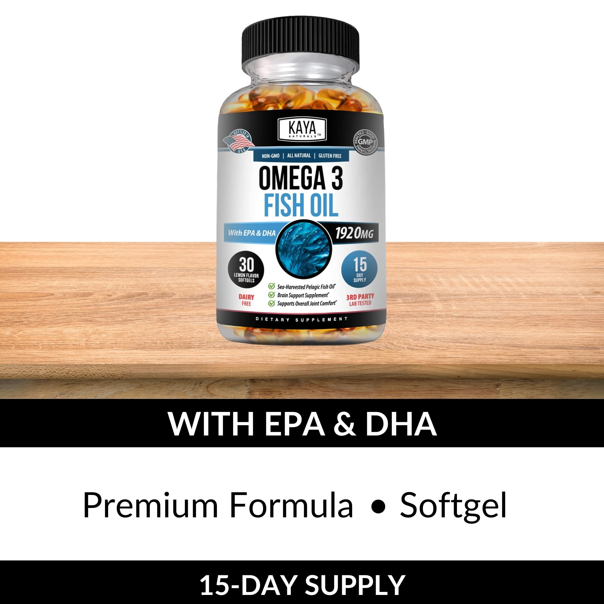 Kaya Naturals Omega-3 Fish Oil Supplement | 100% Pure Sea-Harvested Pelagic | No Fishy Aftertaste | 30 Softgels