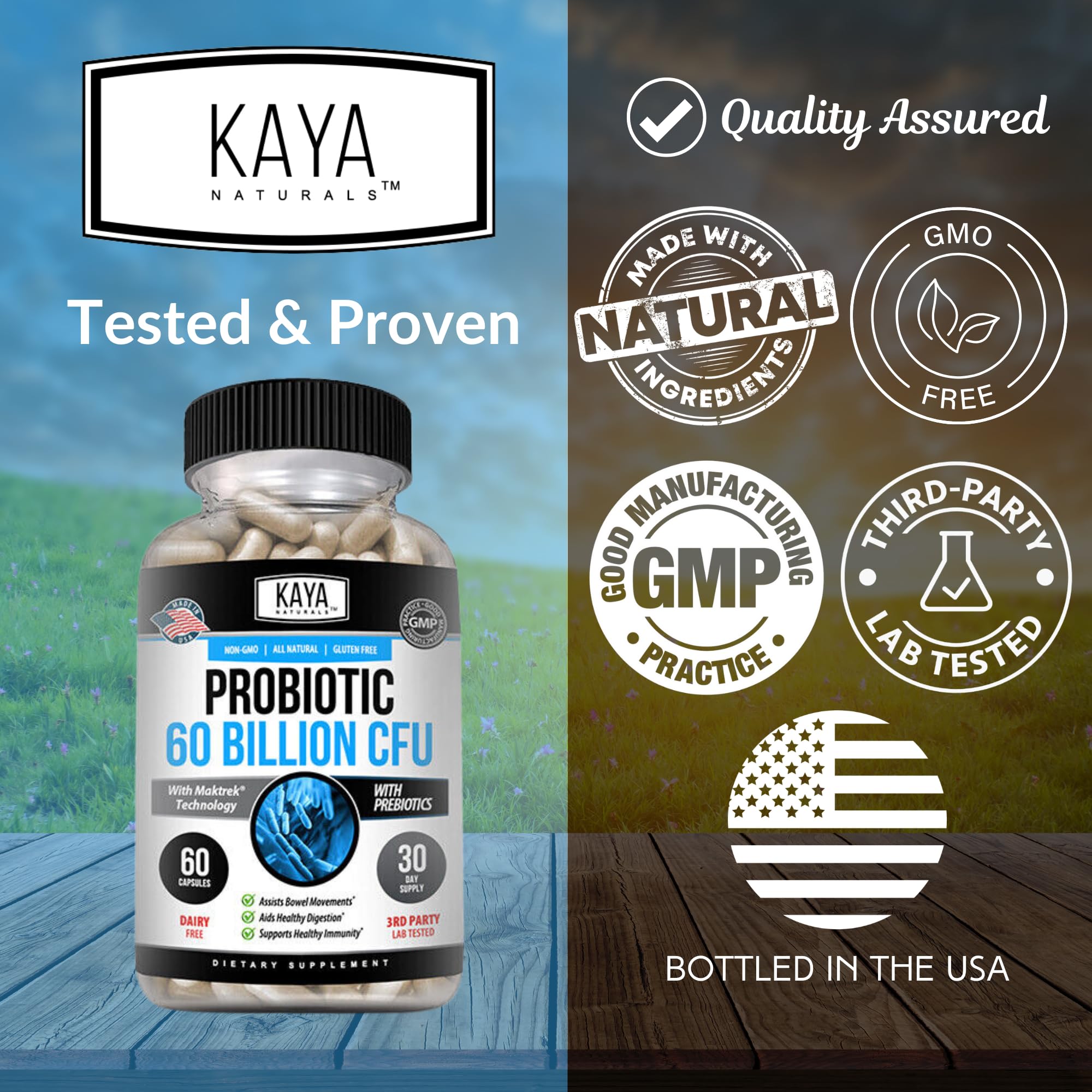 Kaya Naturals Probiotic 60 Billion CFU – Probiotics for Women, Men & Adults | Gut Health & Immune Support | 60 Vegetable Capsules