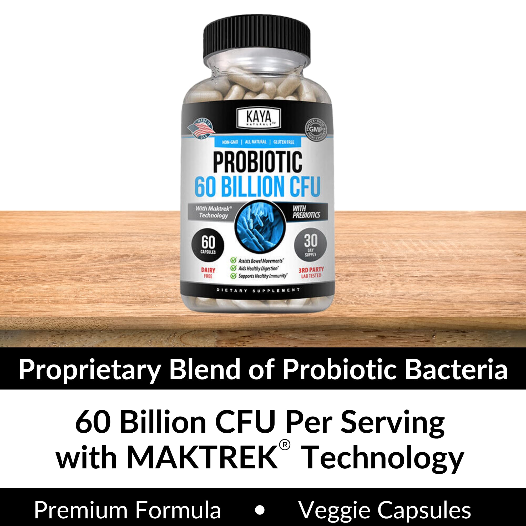 Kaya Naturals Probiotic 60 Billion CFU – Probiotics for Women, Men & Adults | Gut Health & Immune Support | 60 Vegetable Capsules