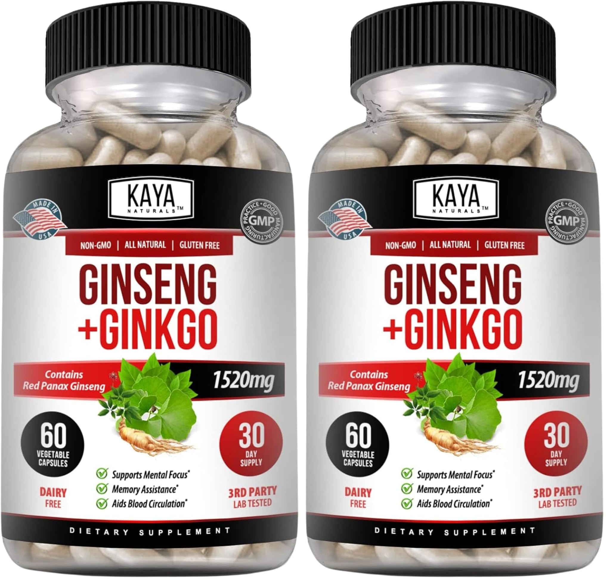 Kaya Naturals Red Panax Ginseng + Ginkgo Biloba – Nootropic Brain Support (2x60)