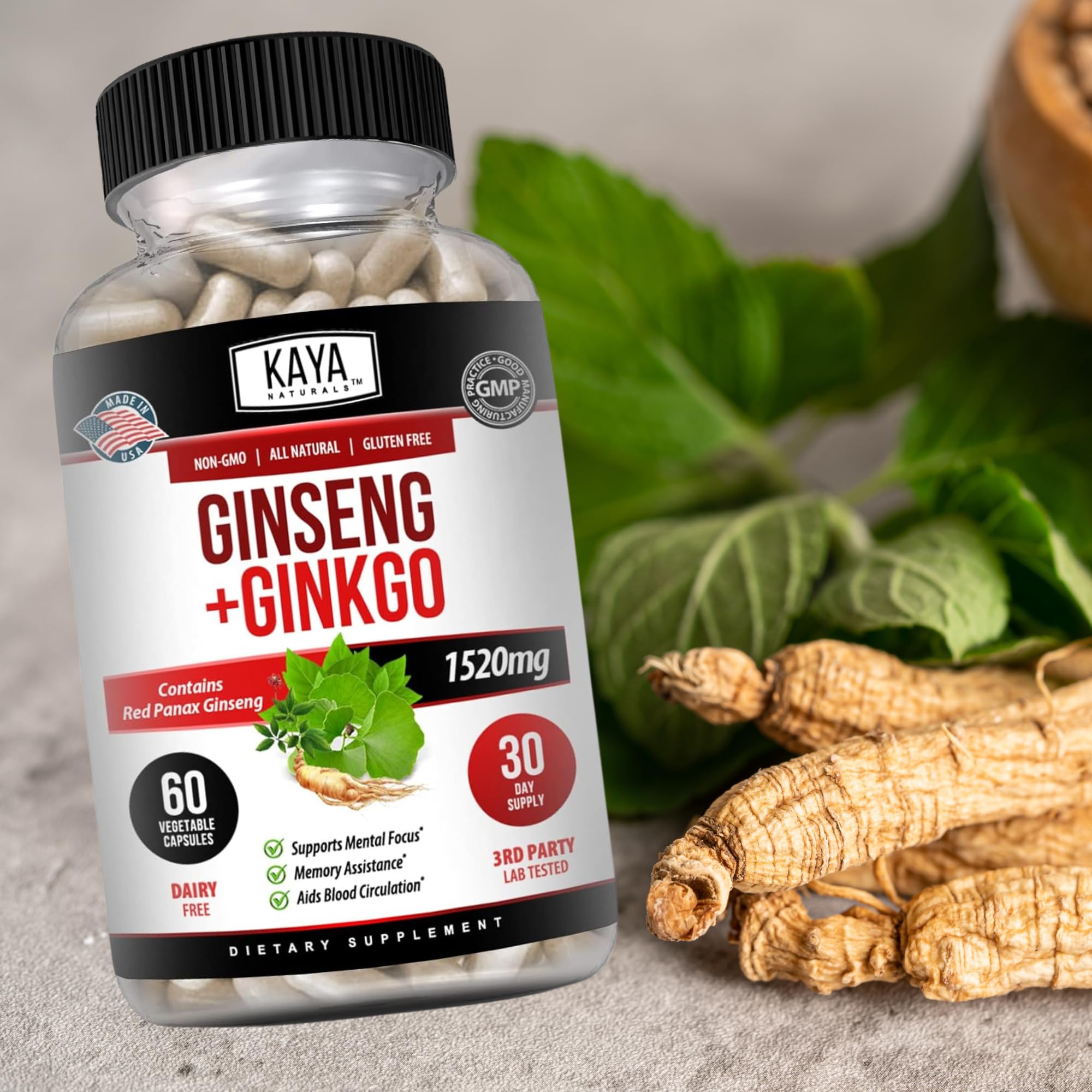 Kaya Naturals Red Panax Ginseng + Ginkgo Biloba – Nootropic Brain Support (2x60)