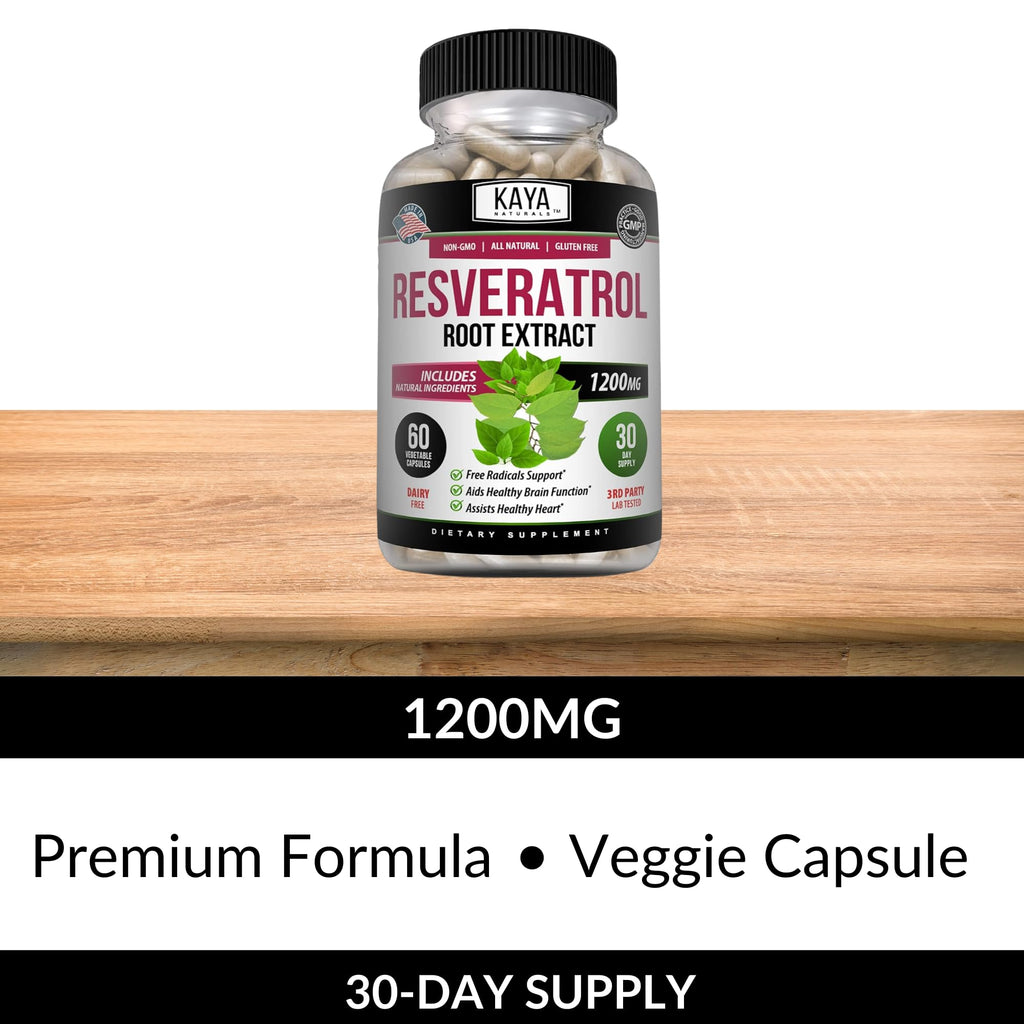 Kaya Naturals Resveratrol Capsules - Anti-Aging Antioxidants with Brain Support | 60 Veggie Capsules per Bottle (Pack of 6)