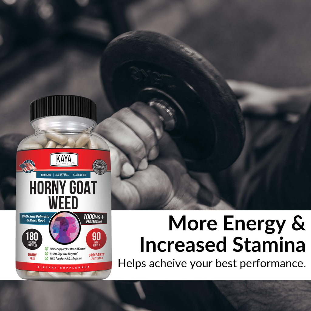 Kaya Naturals Horny Goat Weed Extract – Extra Strength Complex with Maca, Saw Palmetto, Ginseng, Arginine | 180 Count