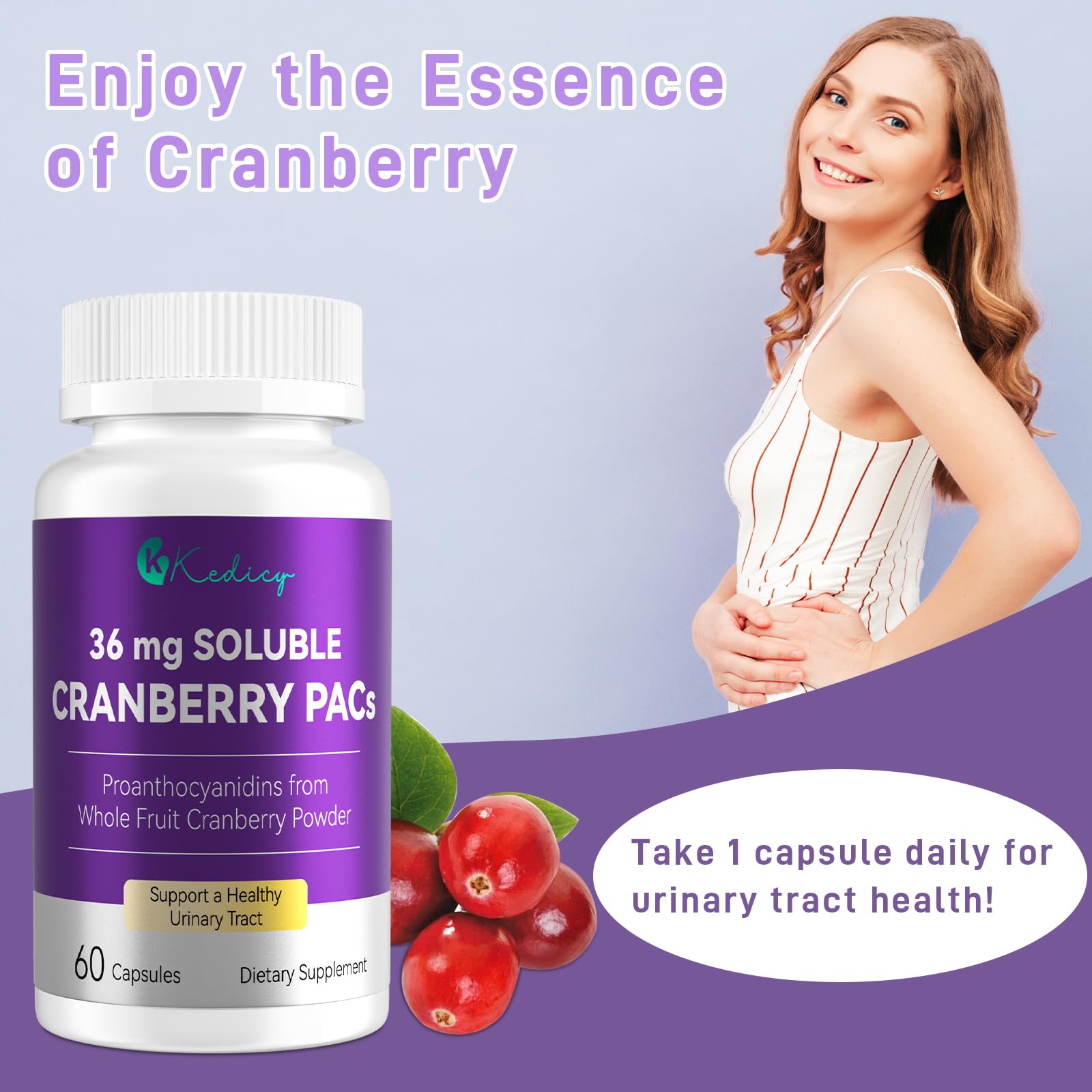 Kedicy Cranberry Pills for Women – 36 mg Soluble PACs | UTI Defense | 60 Caps