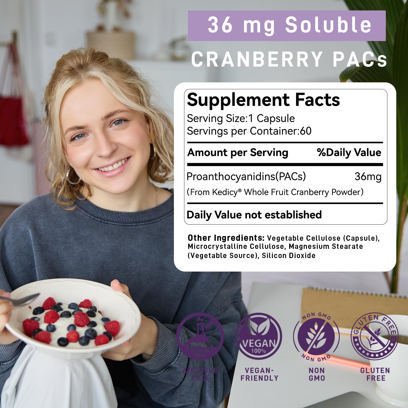 Kedicy Cranberry Pills for Women – 36 mg Soluble PACs | UTI Defense | 60 Caps