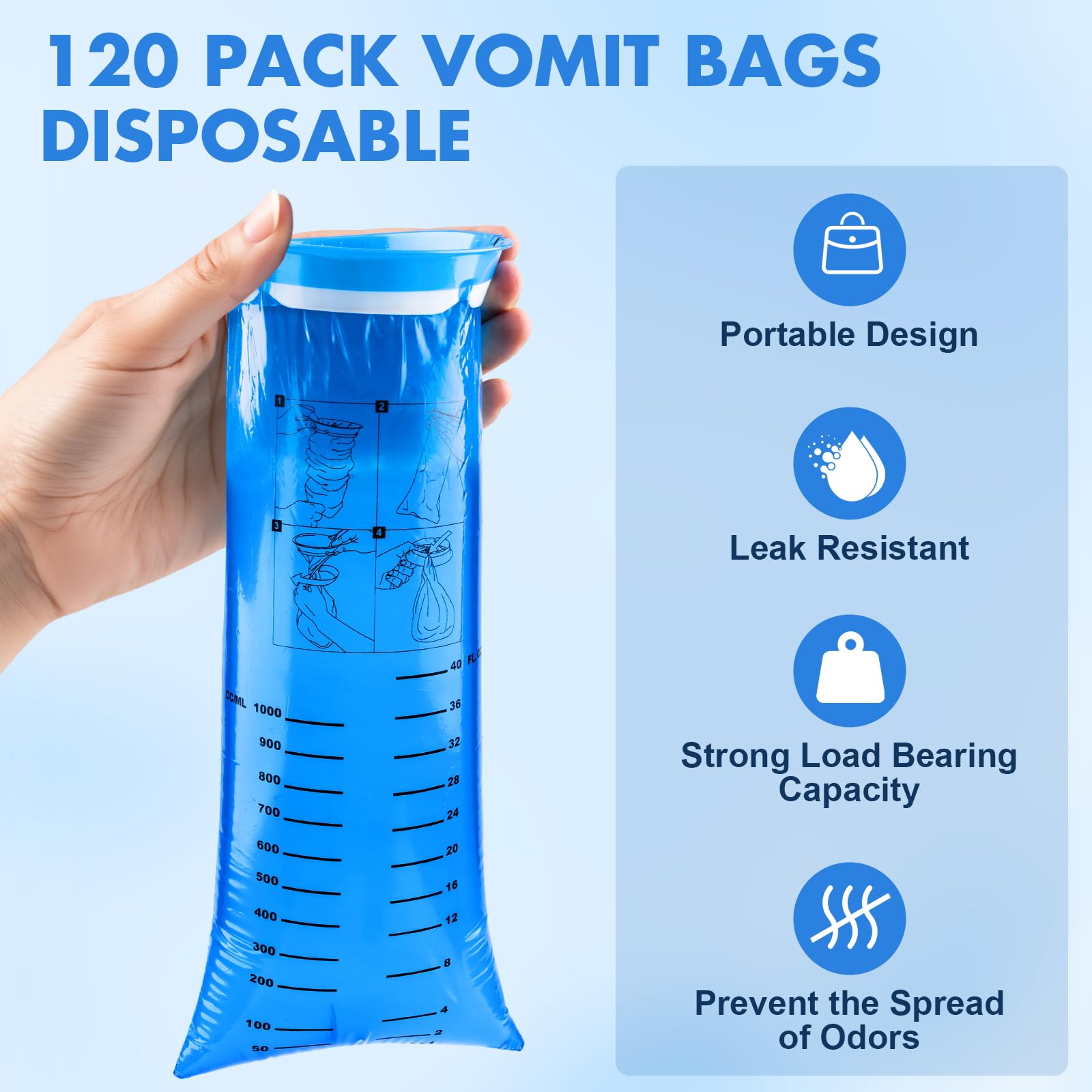 KKEETUR 120 Pack Throw Up Bags – Leak-Proof Emesis Bags for Travel (1000ml)