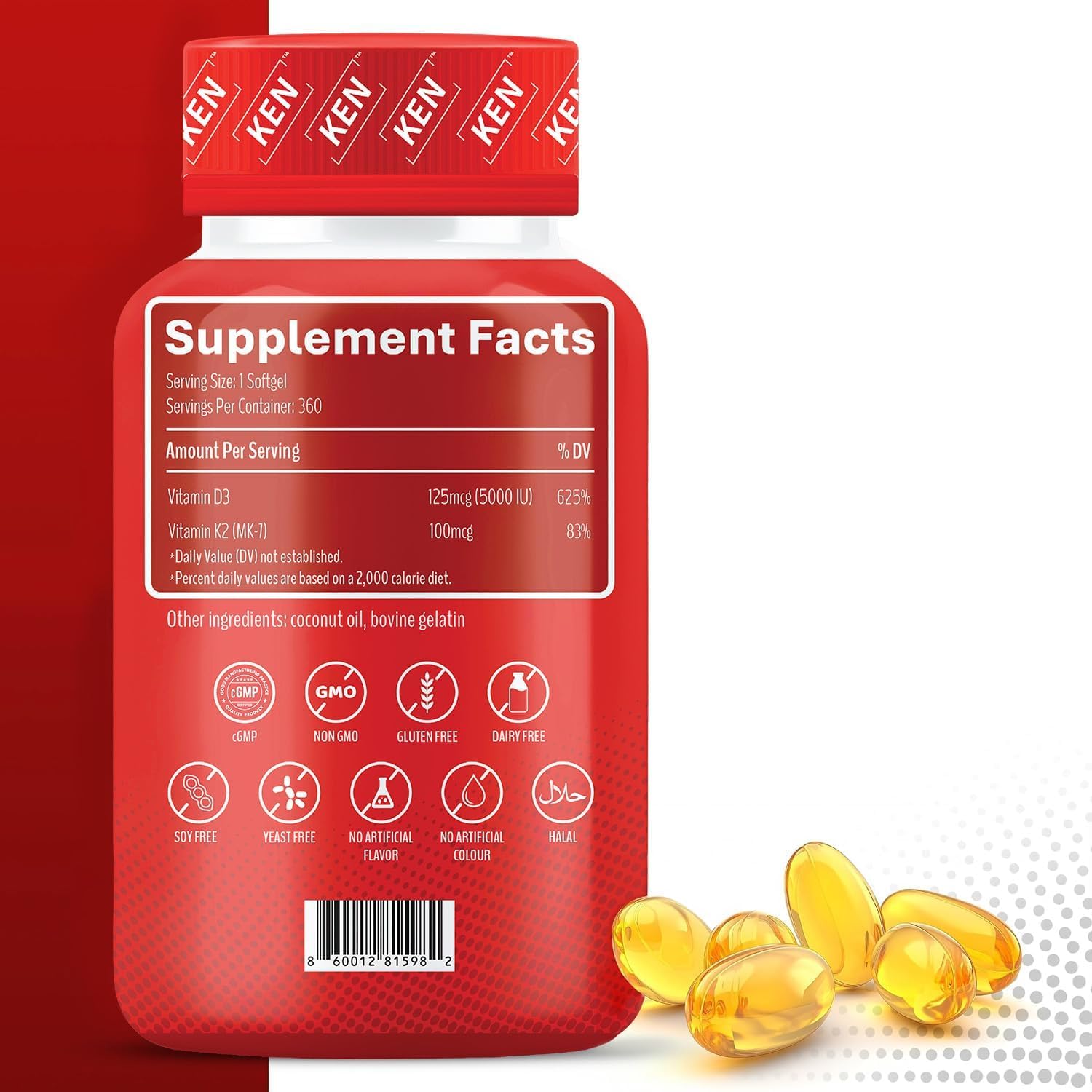 KEN Liposomal Vitamin D3 5000 IU + K2 MK7 100 mcg | Bone Support & Immune Health Softgels