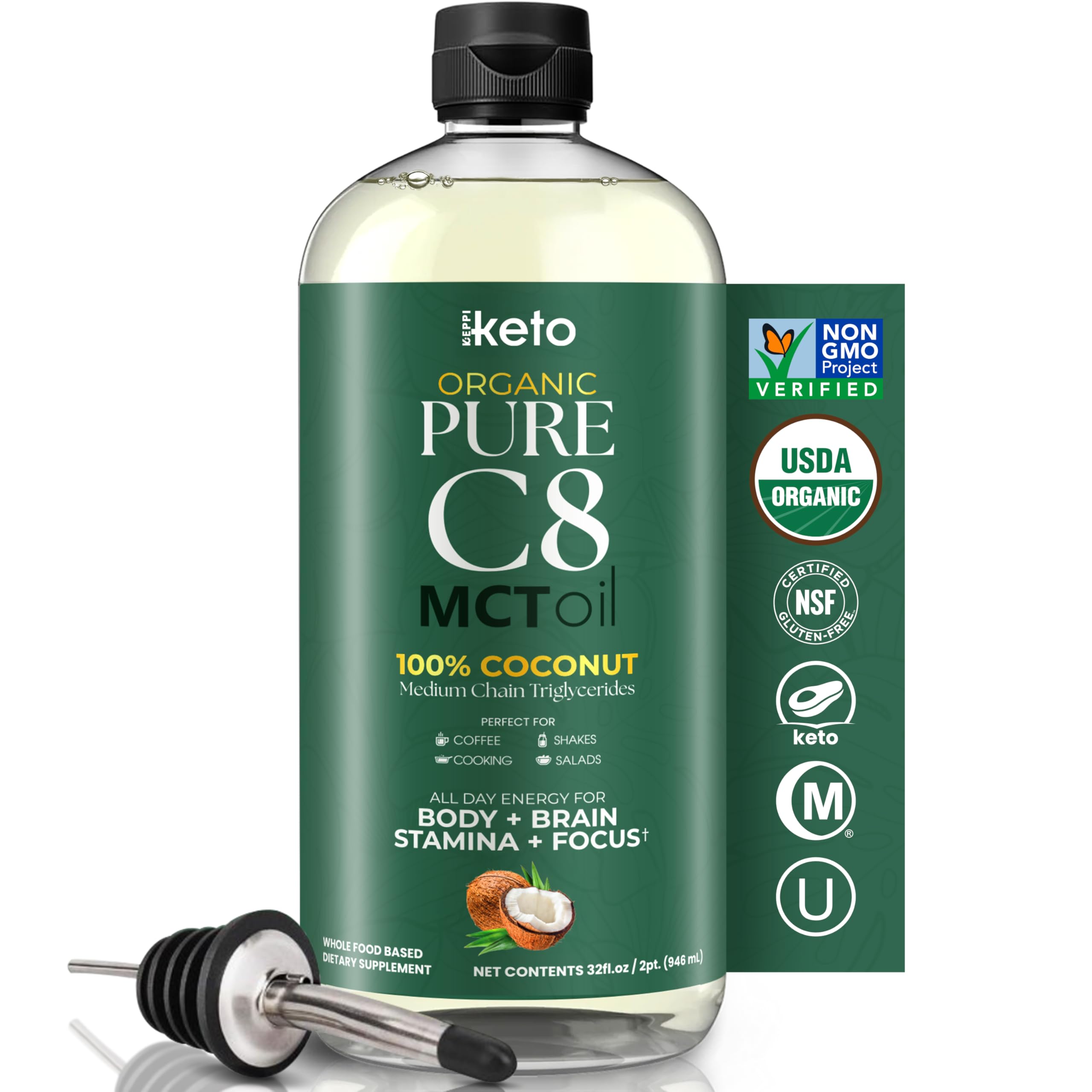 Keppi Keto Organic MCT Oil C8 (Flavorless) 32 oz | Non-GMO, Gluten-Free, Palm Oil Free