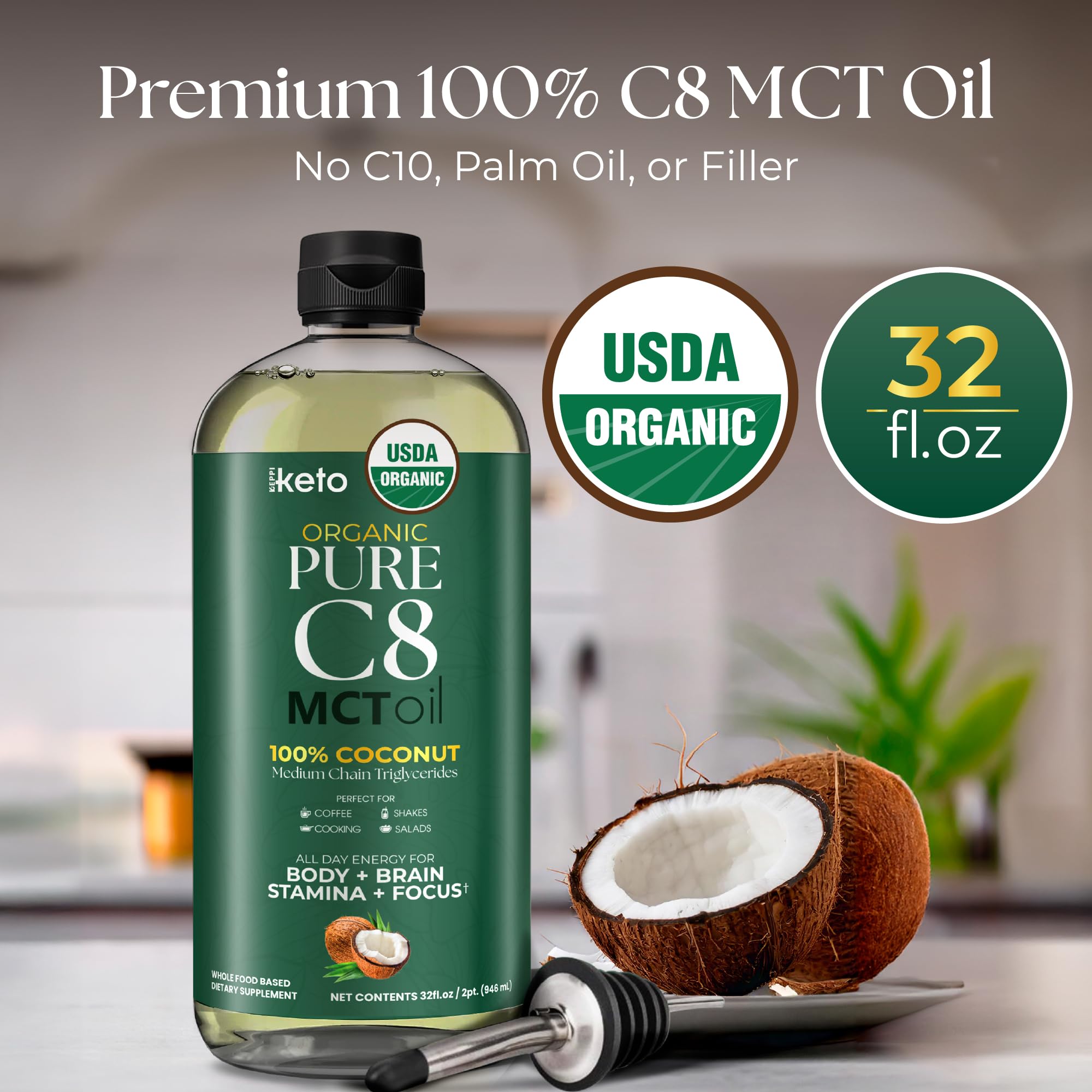 Keppi Keto Organic MCT Oil C8 (Flavorless) 32 oz | Non-GMO, Gluten-Free, Palm Oil Free