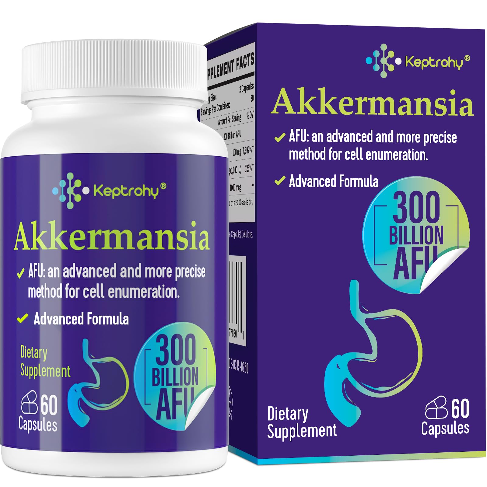 Keptrohy 300 Billion AFU Akkermansia Probiotic for Women & Men, Akkermansia Muciniphila for More GLP ONE Production, Digestive, Gut & Immune, Gut Digestive Lining Function, 60 Count