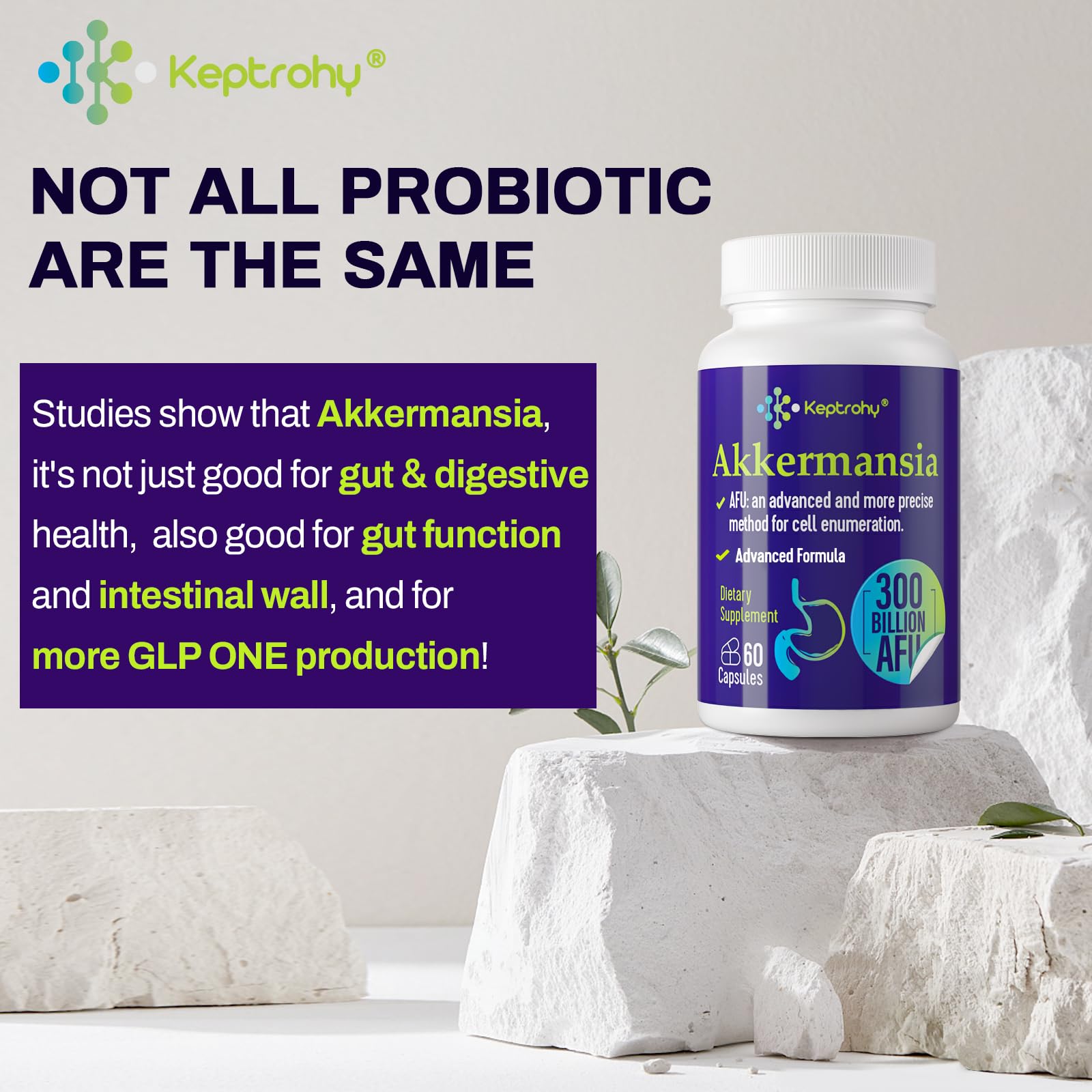 Keptrohy 300 Billion AFU Akkermansia Probiotic for Gut Health | 120 Count