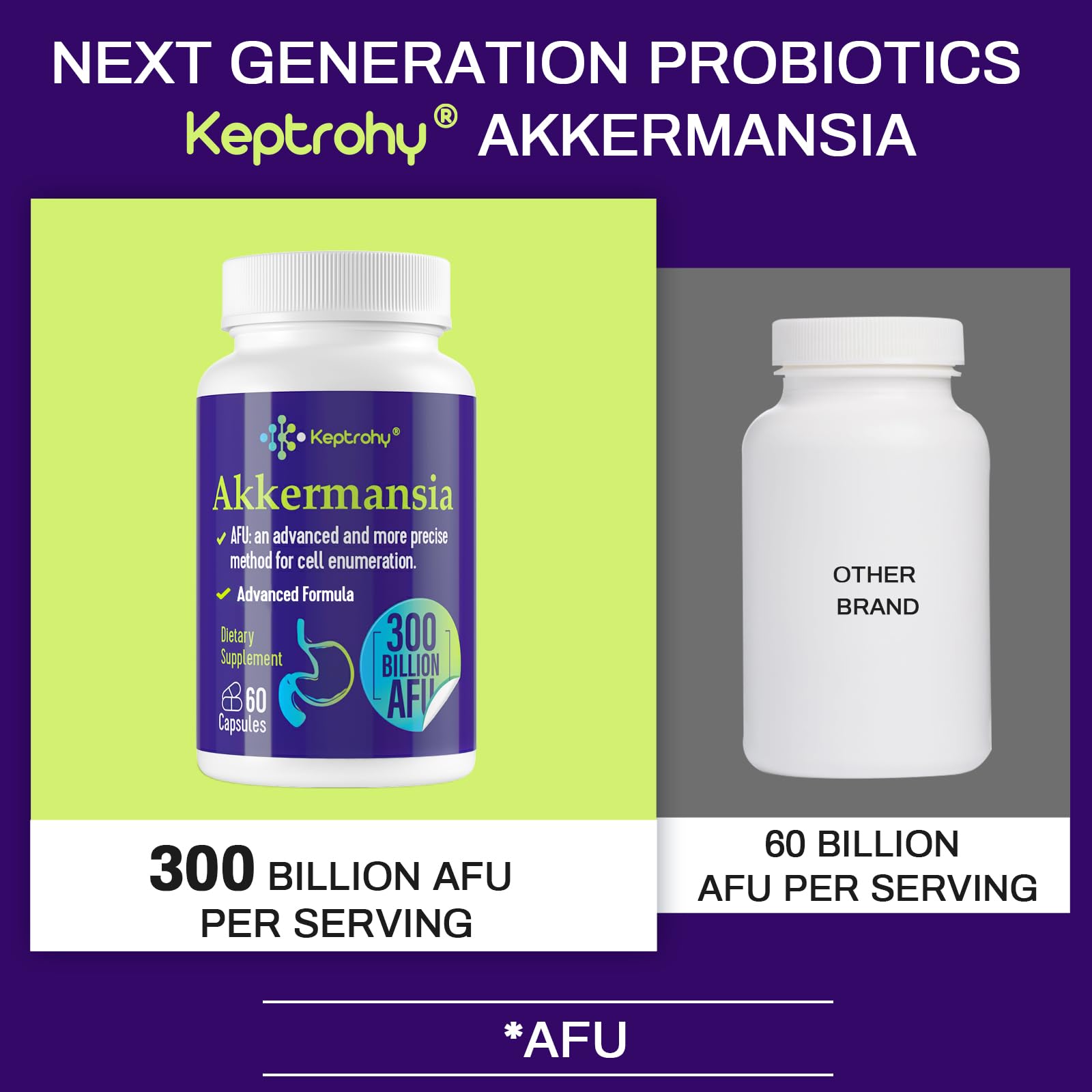 Keptrohy 300 Billion AFU Akkermansia Probiotic for Digestive Support – 60 Capsules