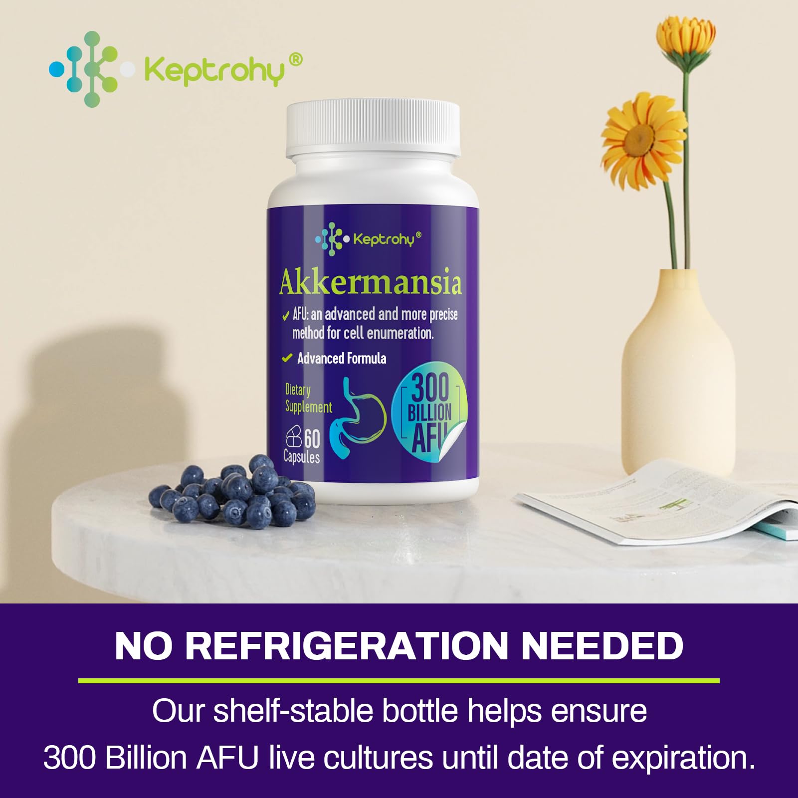 Keptrohy 300 Billion AFU Akkermansia Probiotic for Women & Men, Akkermansia Muciniphila for More GLP ONE Production, Digestive, Gut & Immune, Gut Digestive Lining Function, 60 Count